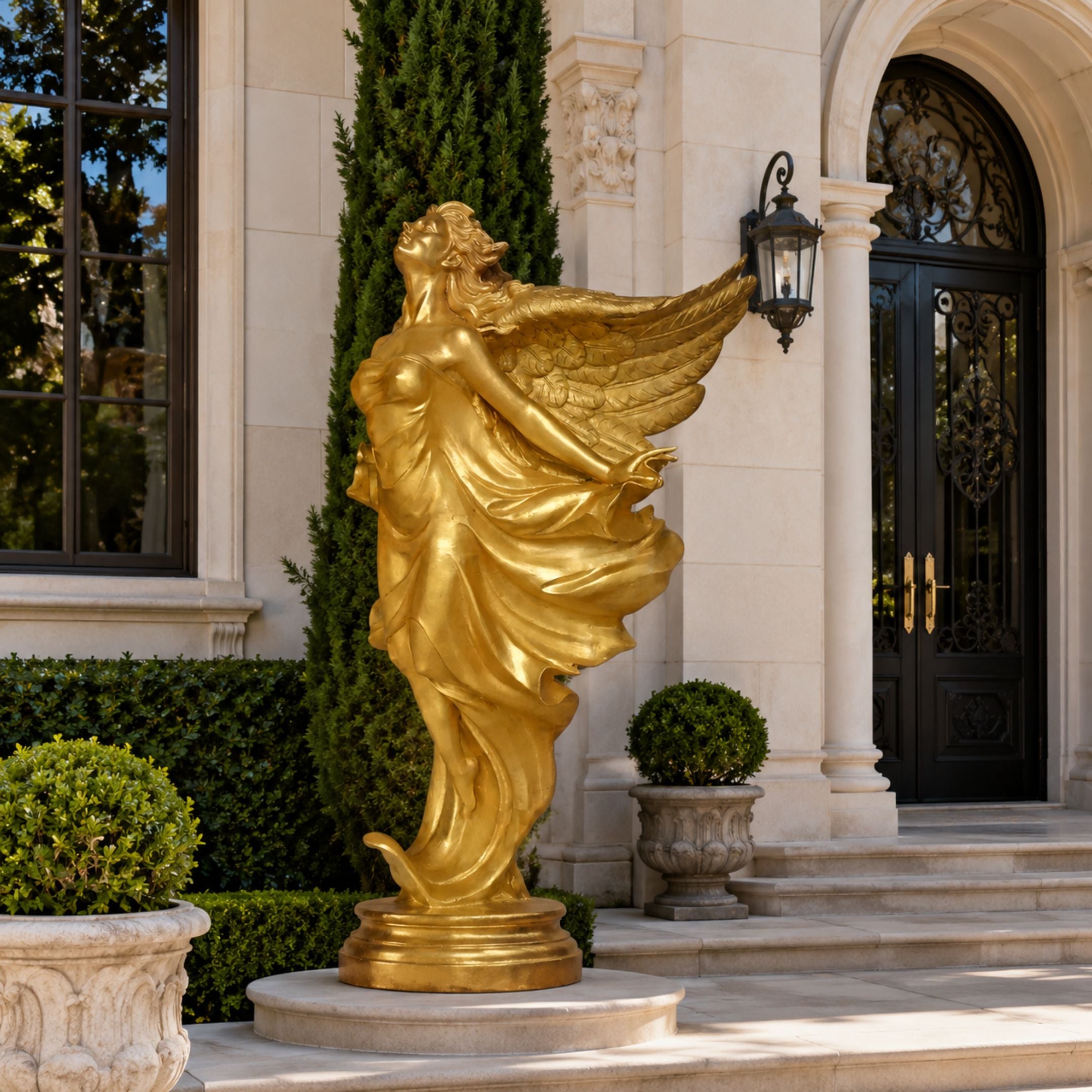 Monumental Classical Standing Angel Bronze Sculpture, 240cm gold-finish figure with spread wings and flowing robes, displayed on a round base by a mansion entrance.