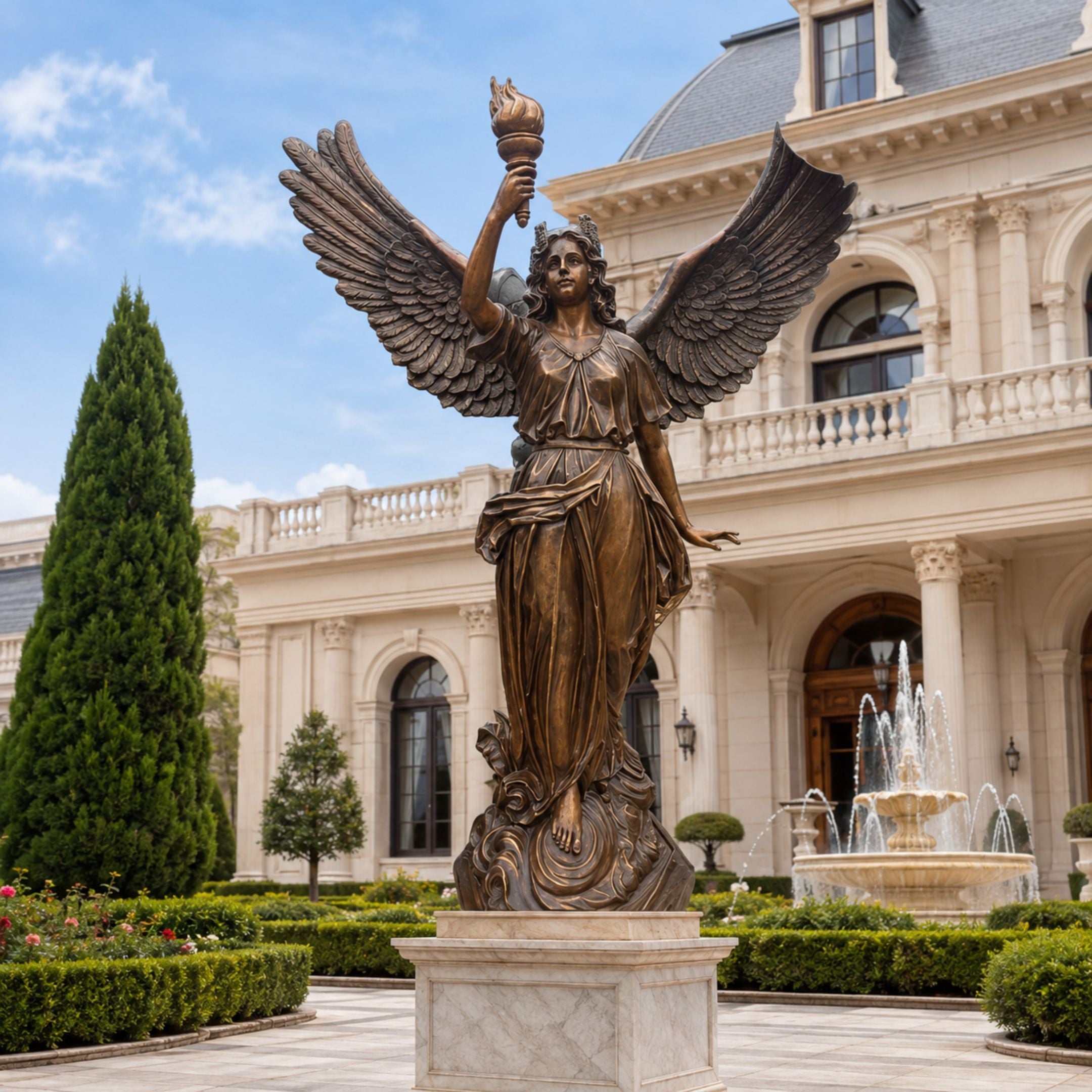 Life-Size Classical Female Angel Bronze Sculpture, 260cm, with raised torch and spread wings in golden-brown patina, displayed on a stone base in a courtyard with a fountain and mansion facade.