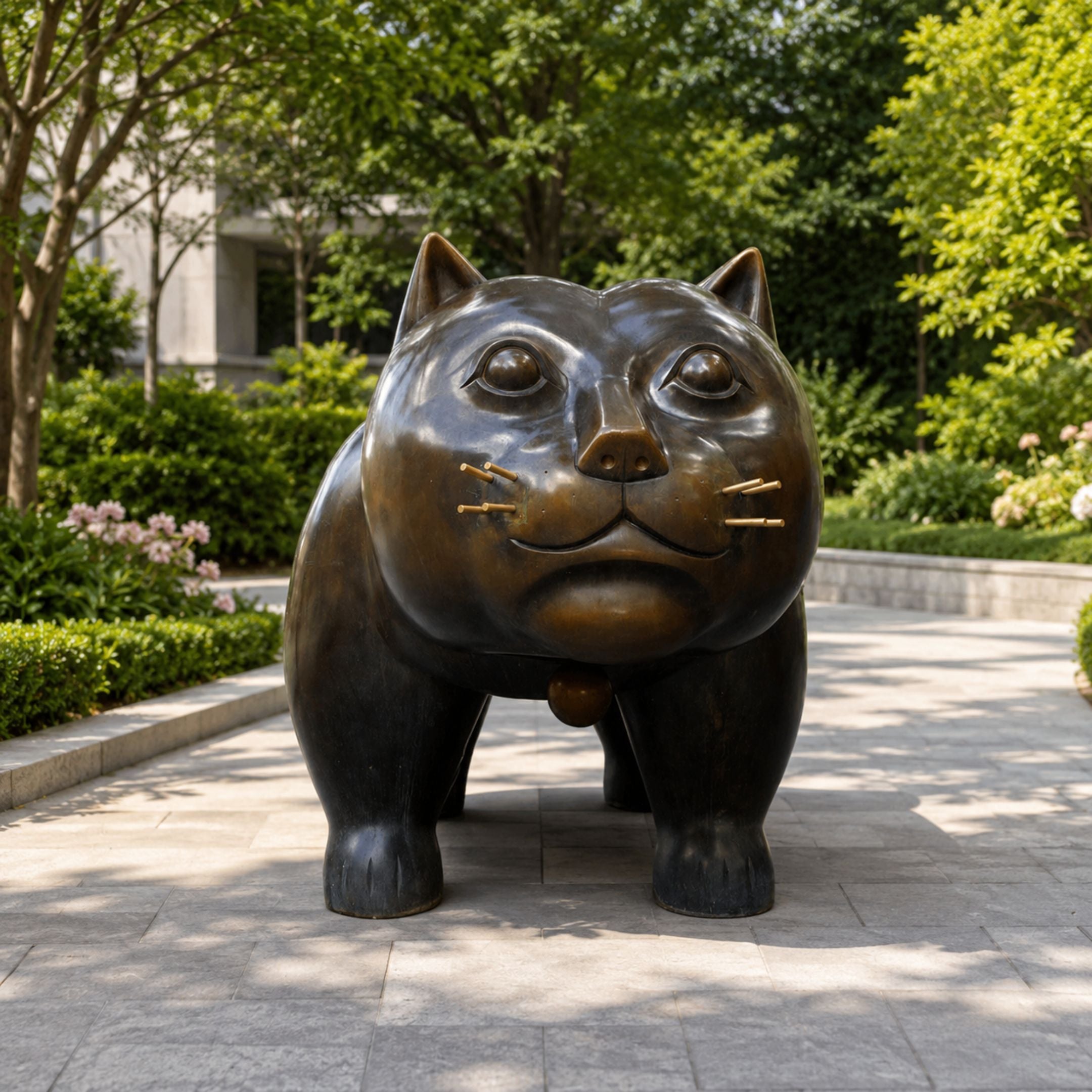 Monumental Contemporary Rotund Standing Cat Bronze Sculpture, 220cm, dark bronze finish with gold whiskers, standing on a paved garden path amid greenery.