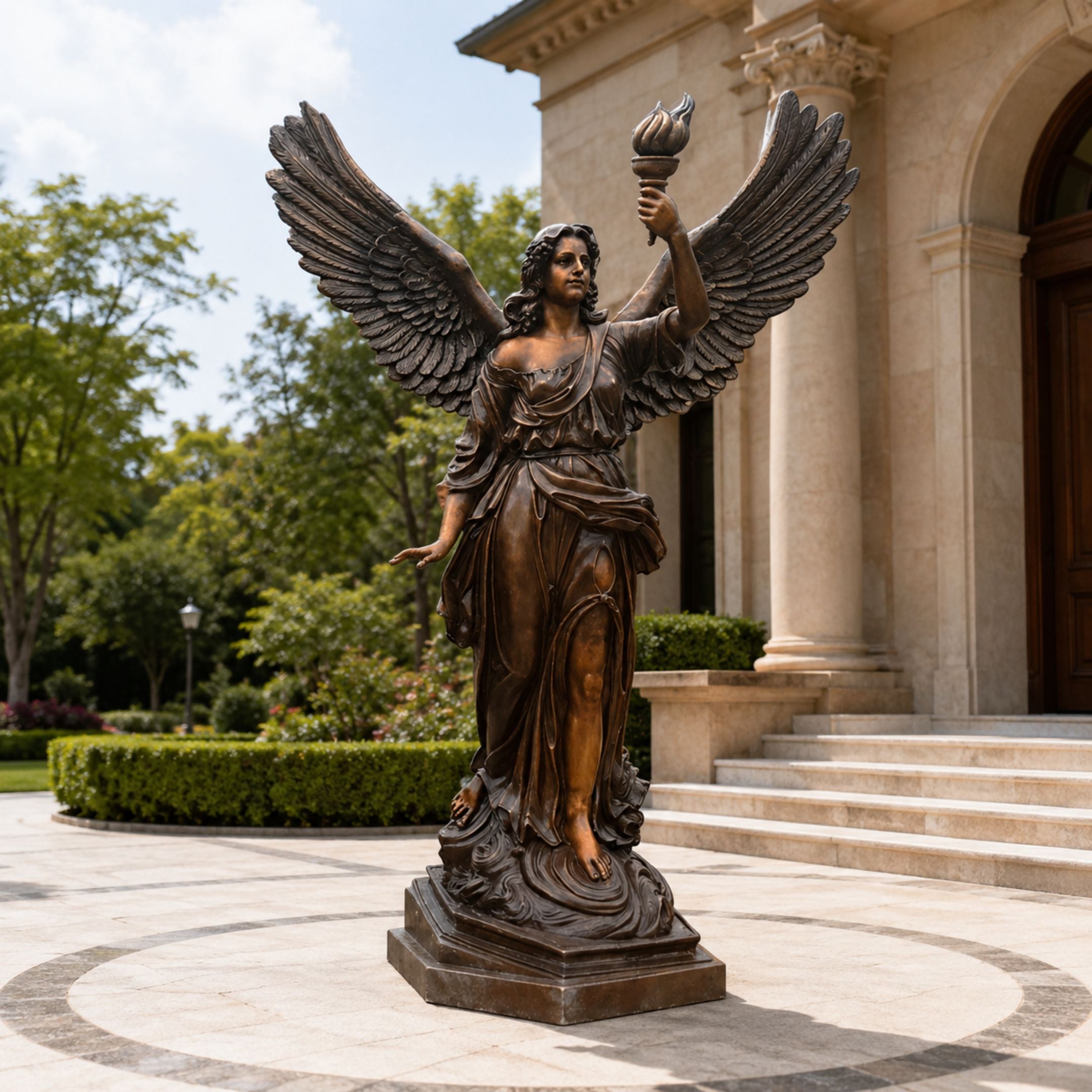 Monumental Classical Angel with Torch Bronze Sculpture, 260cm, spread wings and raised torch, on a hexagonal base outside a columned entrance.