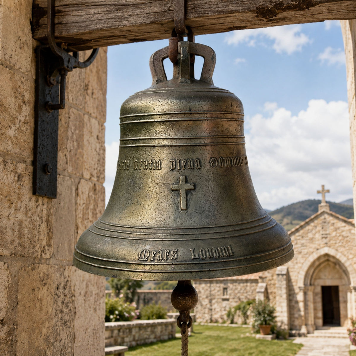 Large Traditional Church Bell Bronze Sculpture, 120cm, bronze bell with Latin inscription and cross, hanging from wooden beam near a stone chapel.