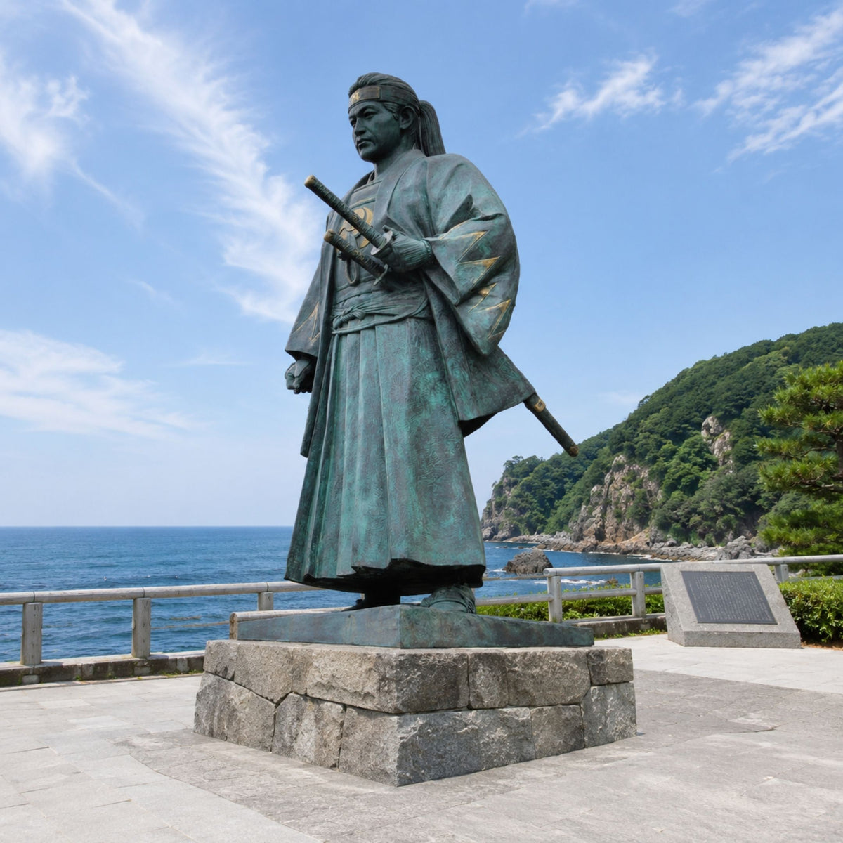 Monumental Traditional Samurai Warrior Bronze Statue, 350cm, on a stone base overlooking the coastline, with two swords at the waist and a weathered green-bronze finish.