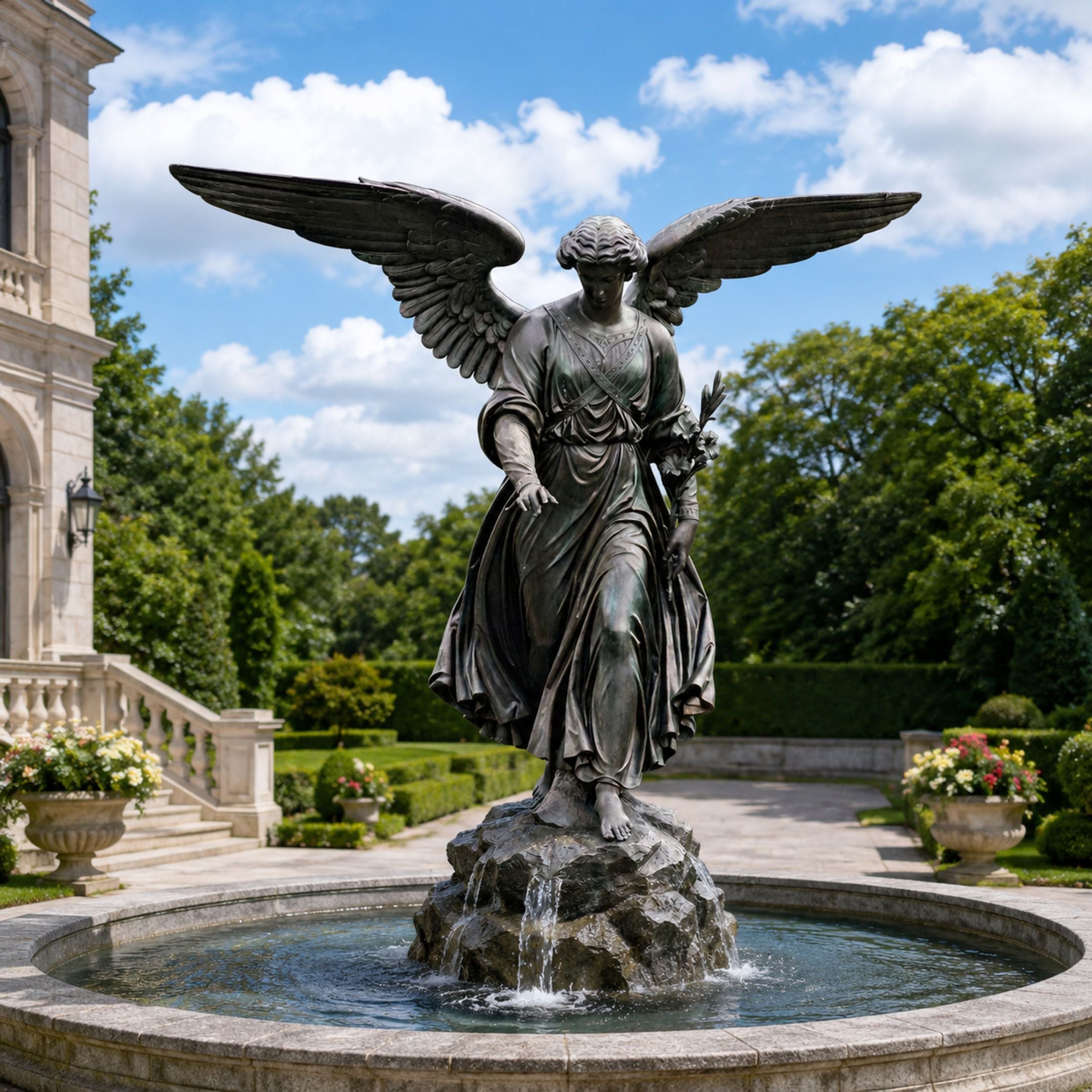 Monumental Classical Winged Angel Bronze Fountain, 300cm, striding figure with outstretched wings atop a rock base fountain in a landscaped garden setting.