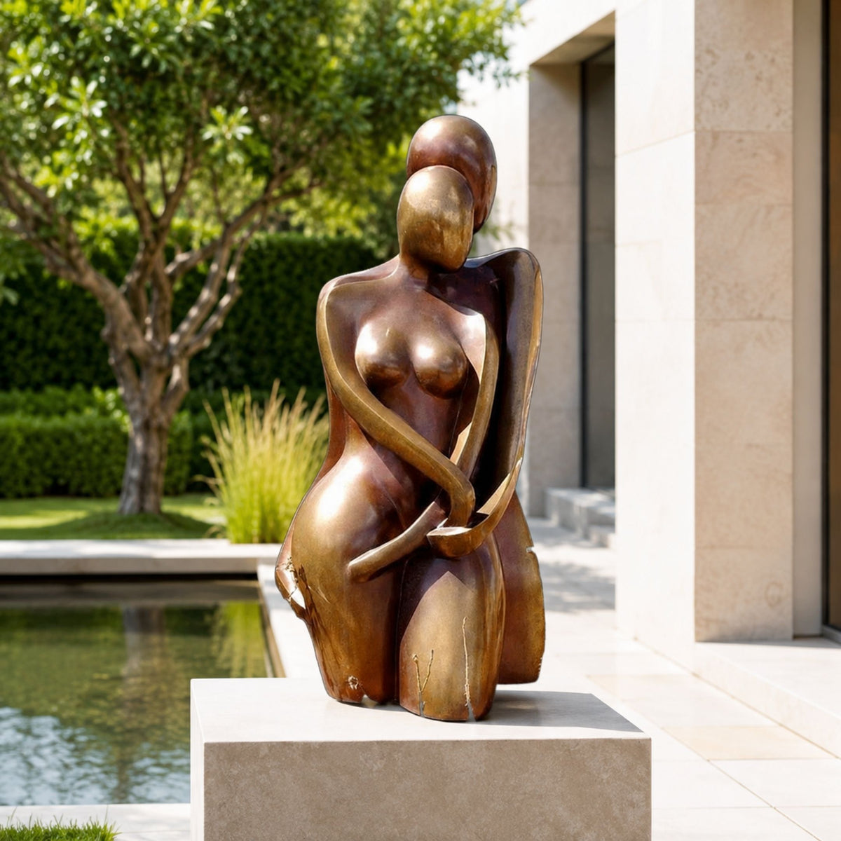 Modern Abstract Female Figure Bronze Sculpture, 100cm, on a stone plinth beside a reflecting pool with trees and a modern building facade behind it.