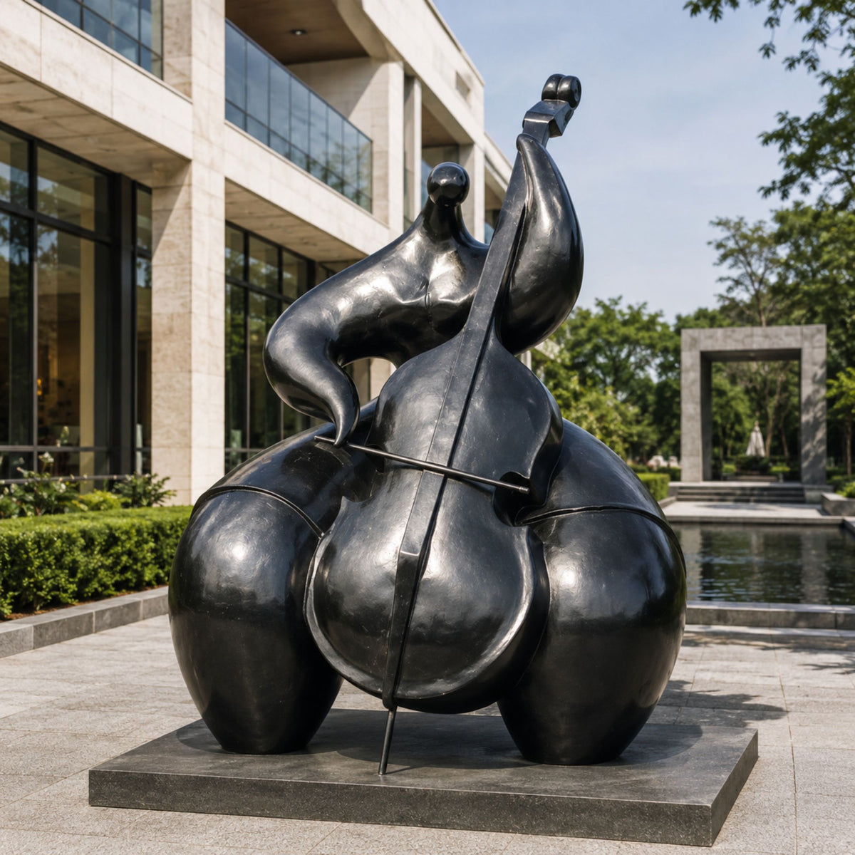 Monumental Modern Abstract Cellist Bronze Sculpture, 320cm, black patina figure playing a double bass, displayed outdoors on a stone plaza near a building and reflecting pool.