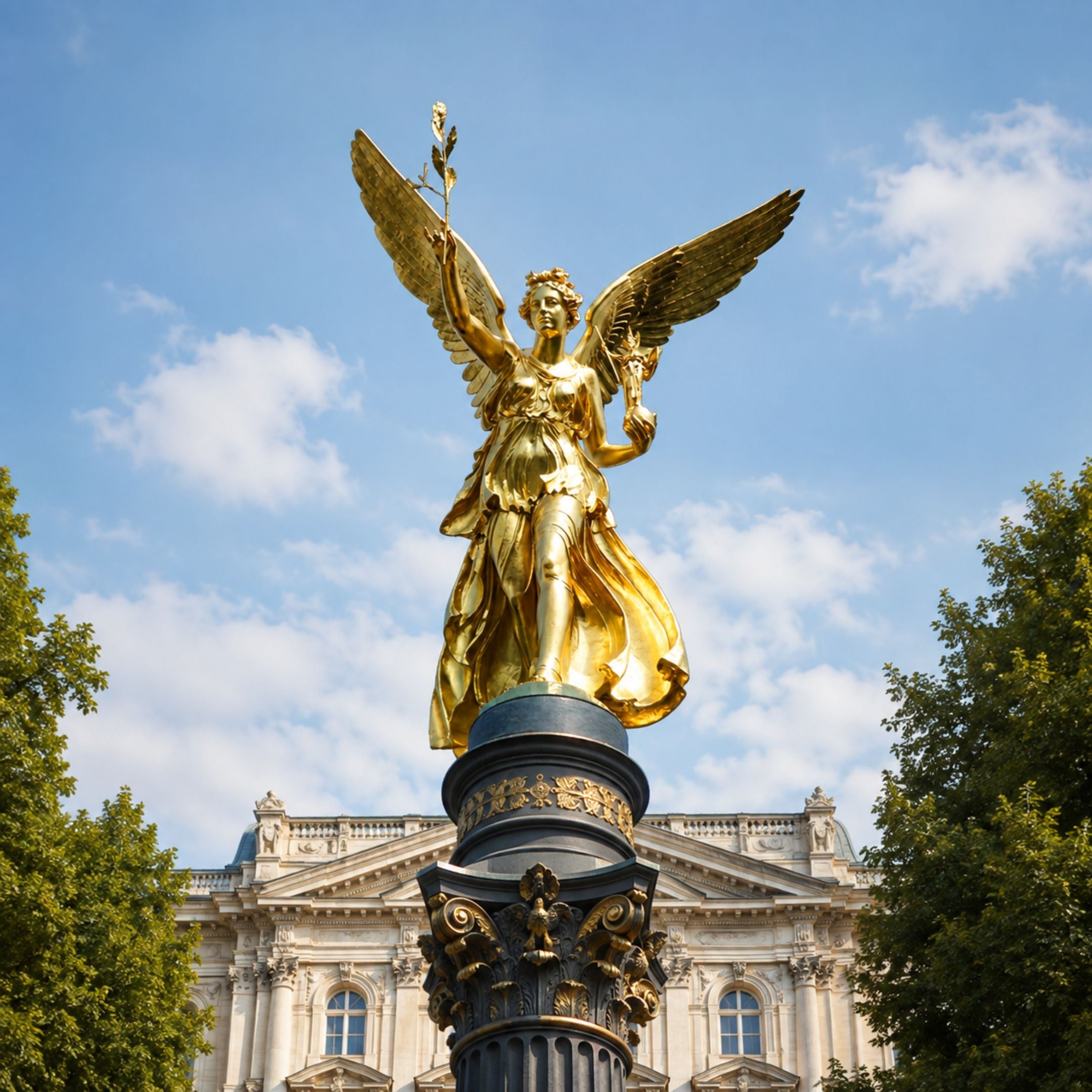 Monumental Classical Gilded Winged Angel Bronze Sculpture, 450cm, gold-finished figure with wings spread atop a black column, set outdoors before a classical building.