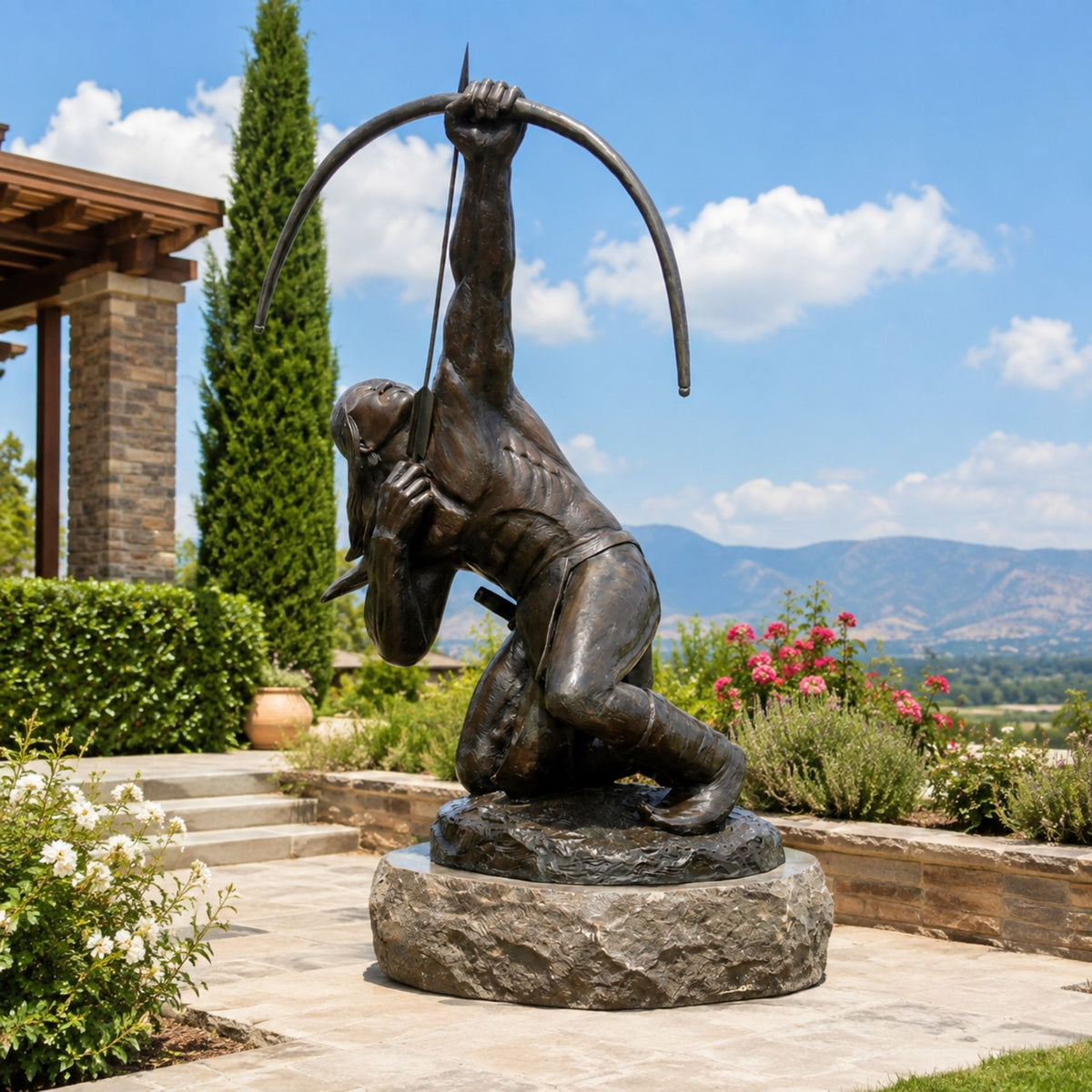 Life-Size Contemporary Kneeling Archer Bronze Sculpture, 260cm, on a stone base in a patio setting with mountain views and greenery.