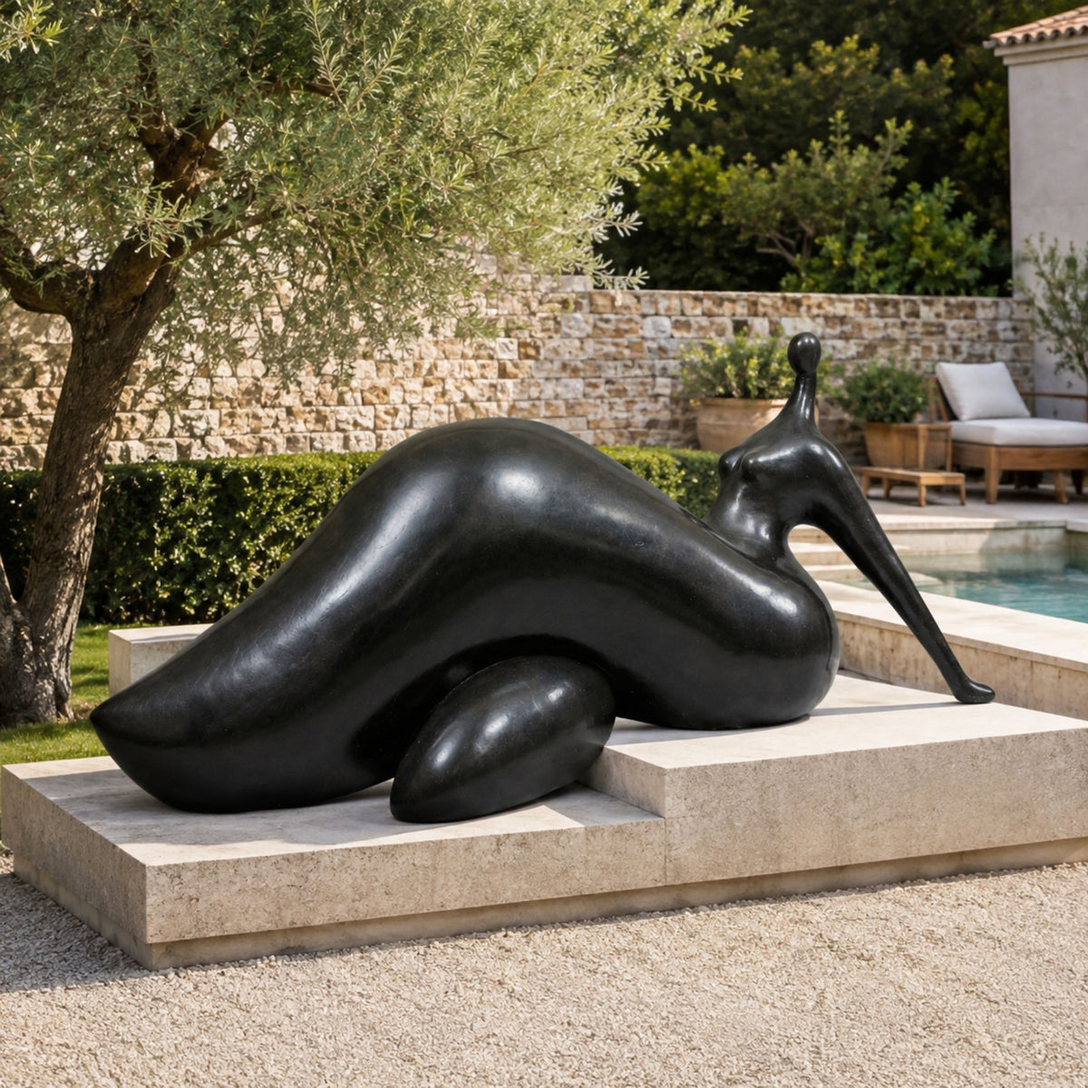 Monumental Modern Reclining Female Figure Bronze Sculpture, 220cm, black abstract biomorphic form on a stone platform beside a poolside garden setting.