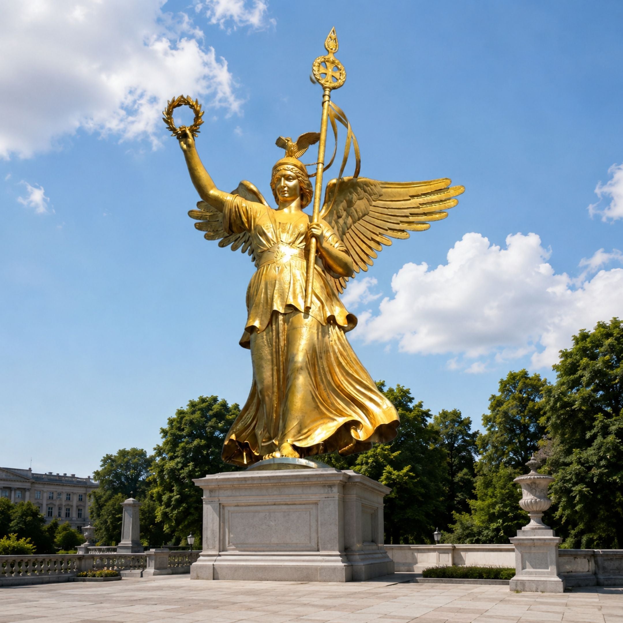 Monumental Classical Winged Victory Goddess Bronze Sculpture, 280cm, gold gilt Nike with spread wings, laurel wreath and sceptre, on a stone pedestal outdoors.