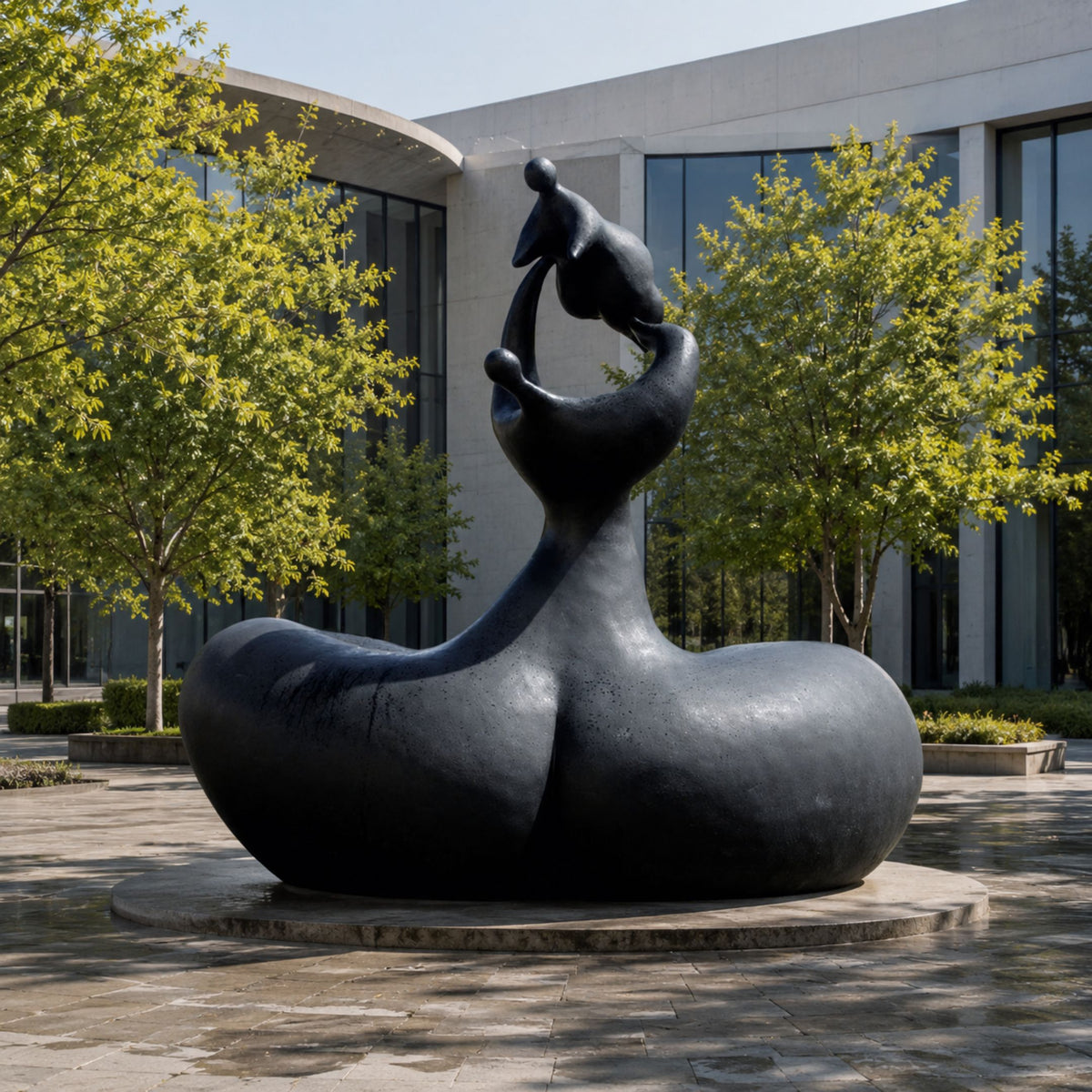 Monumental Modern Abstract Mother and Infant Bronze Sculpture, 300cm, black biomorphic base with two figures reaching upward, displayed outdoors on a round stone plinth near trees and a glass building.