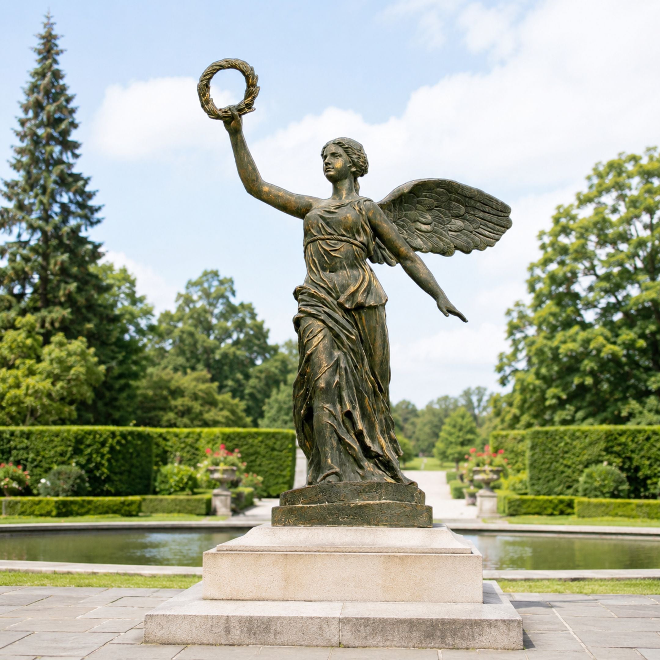 Life-Size Classical Winged Angel Bronze Sculpture, 240cm, cast bronze figure raising a laurel wreath with wings spread, set on a stone plinth in a garden.
