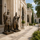 Large Classical Roman Warrior Pair Bronze Sculpture, 240cm, two armoured figures with spears and round shields on pedestal bases outside a stone building entrance.