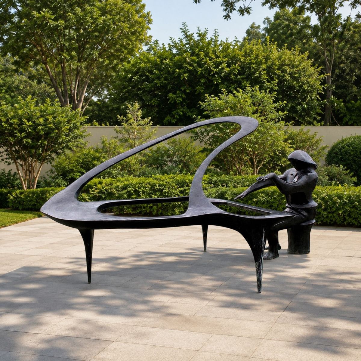 Monumental Modern Abstract Piano and Figure Bronze Sculpture, 220cm, black cast bronze piece with looped piano form and seated figure on outdoor stone patio.