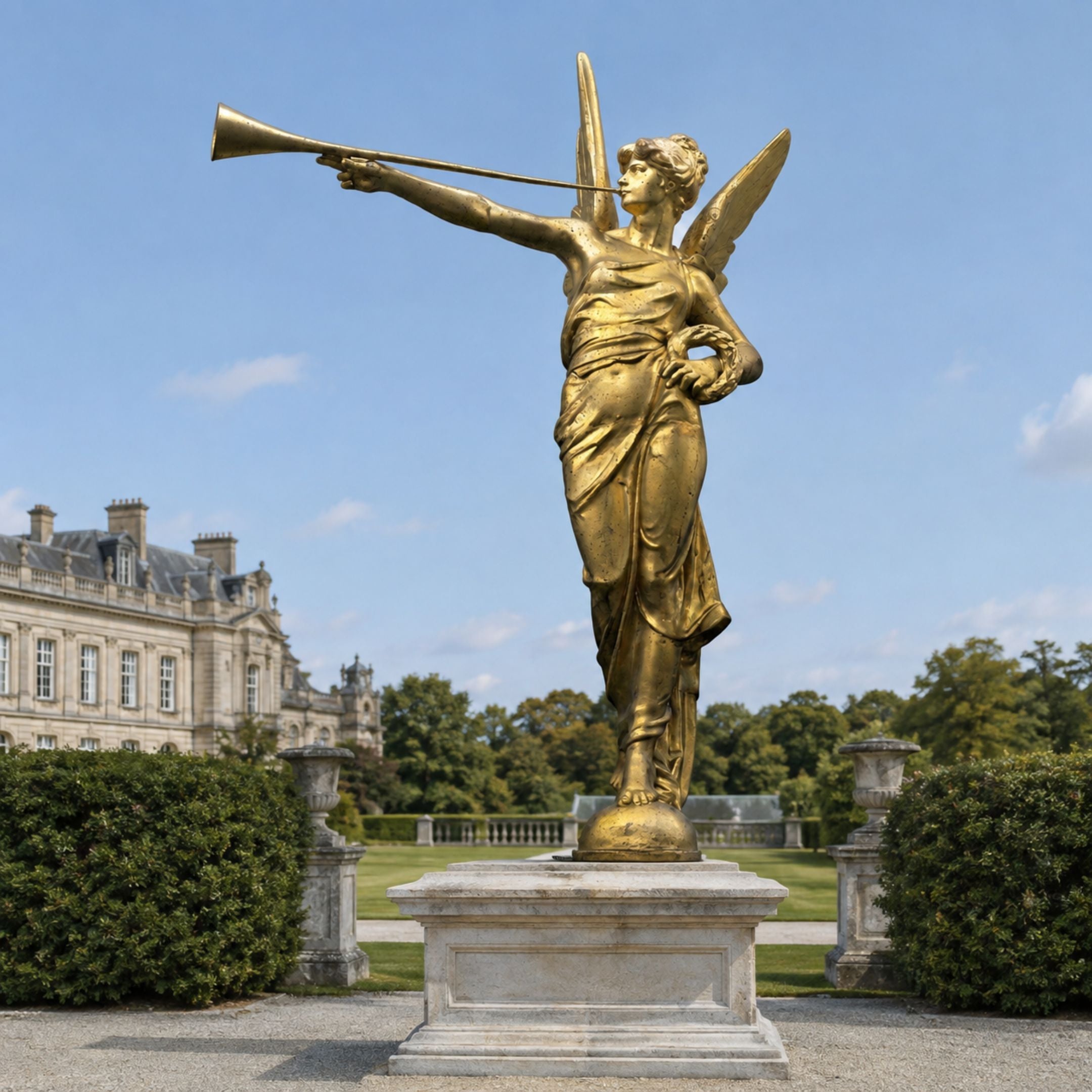 Monumental Classical Herald Angel Bronze Sculpture, 280cm, gilt gold finish with spread wings and raised trumpet, on a stone plinth in a garden setting near a manor house.