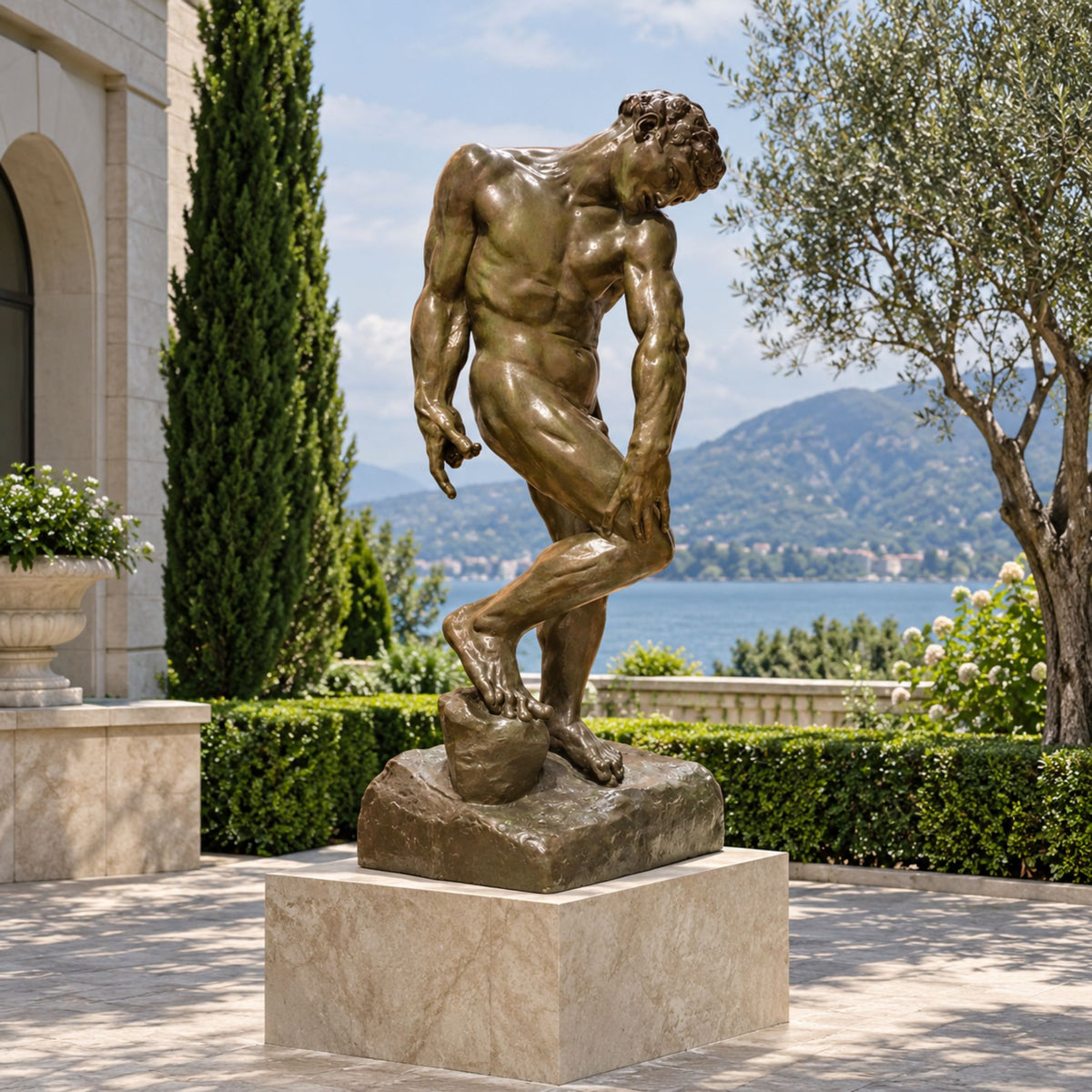Life-Size Classical Male Figure Bronze Sculpture, 220cm, nude male form in contrapposto pose on a rocky base, displayed on a marble plinth in a garden setting overlooking a lake.