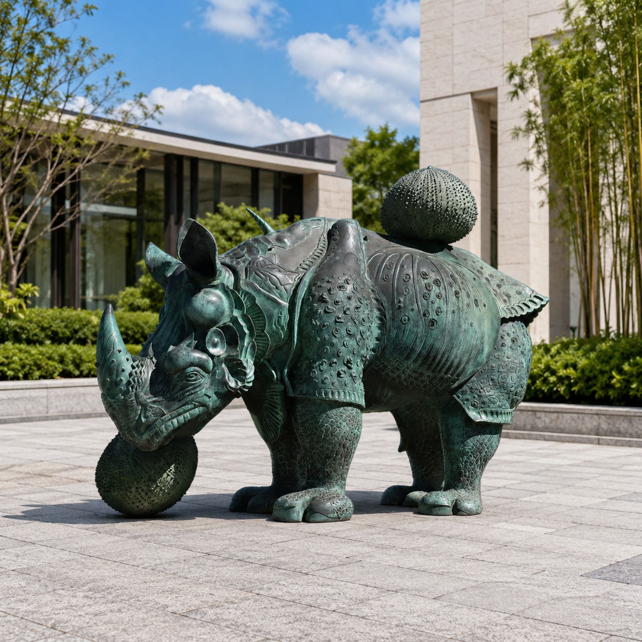 Life-Size Contemporary Armoured Rhinoceros Bronze Sculpture, 400cm, with segmented plating and sphere on its back, displayed outdoors on a paved plaza.