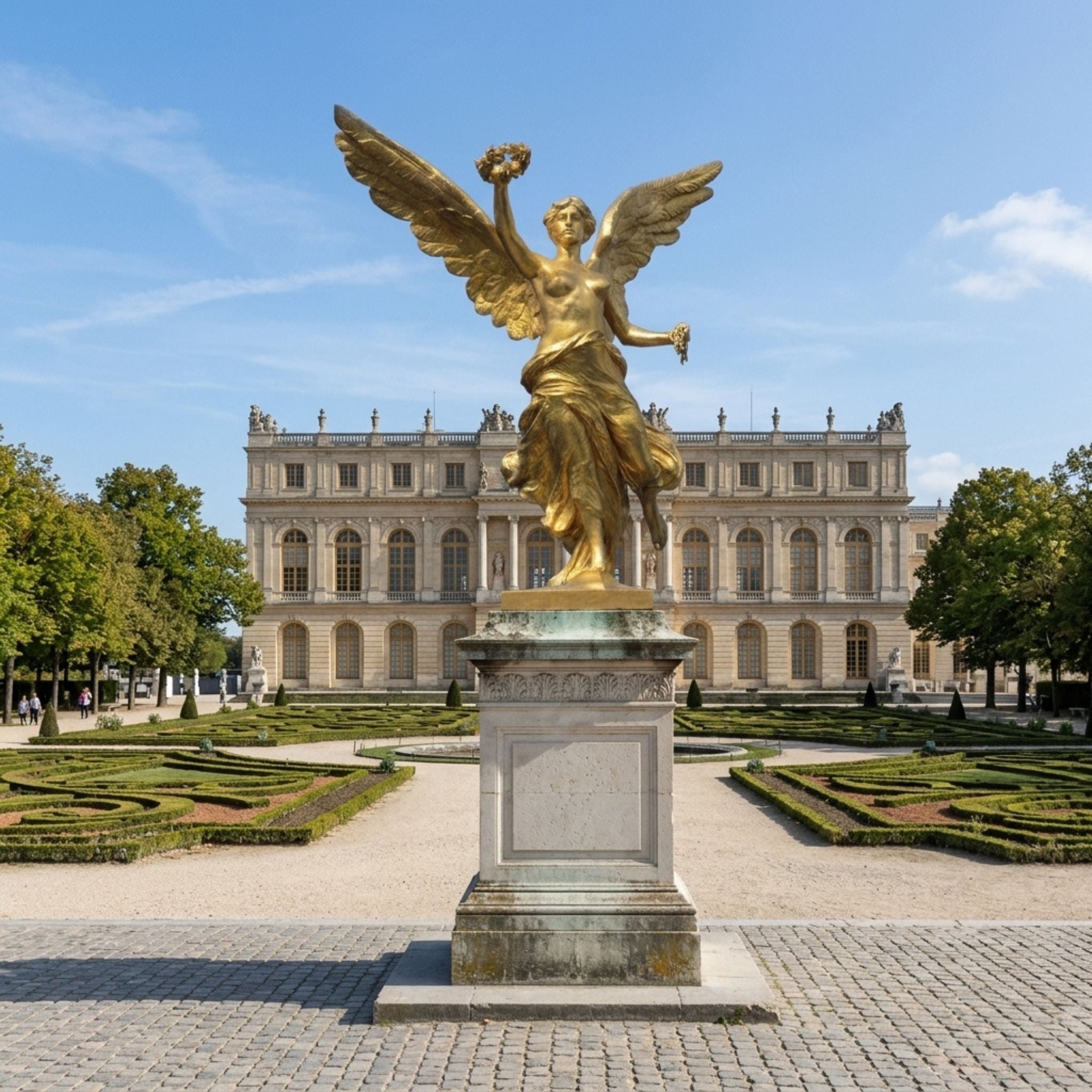 Monumental Classical Winged Angel Holding Wreath Bronze Sculpture - 300cm, gilt figure with outstretched wings on a stone pedestal in a palace garden setting.