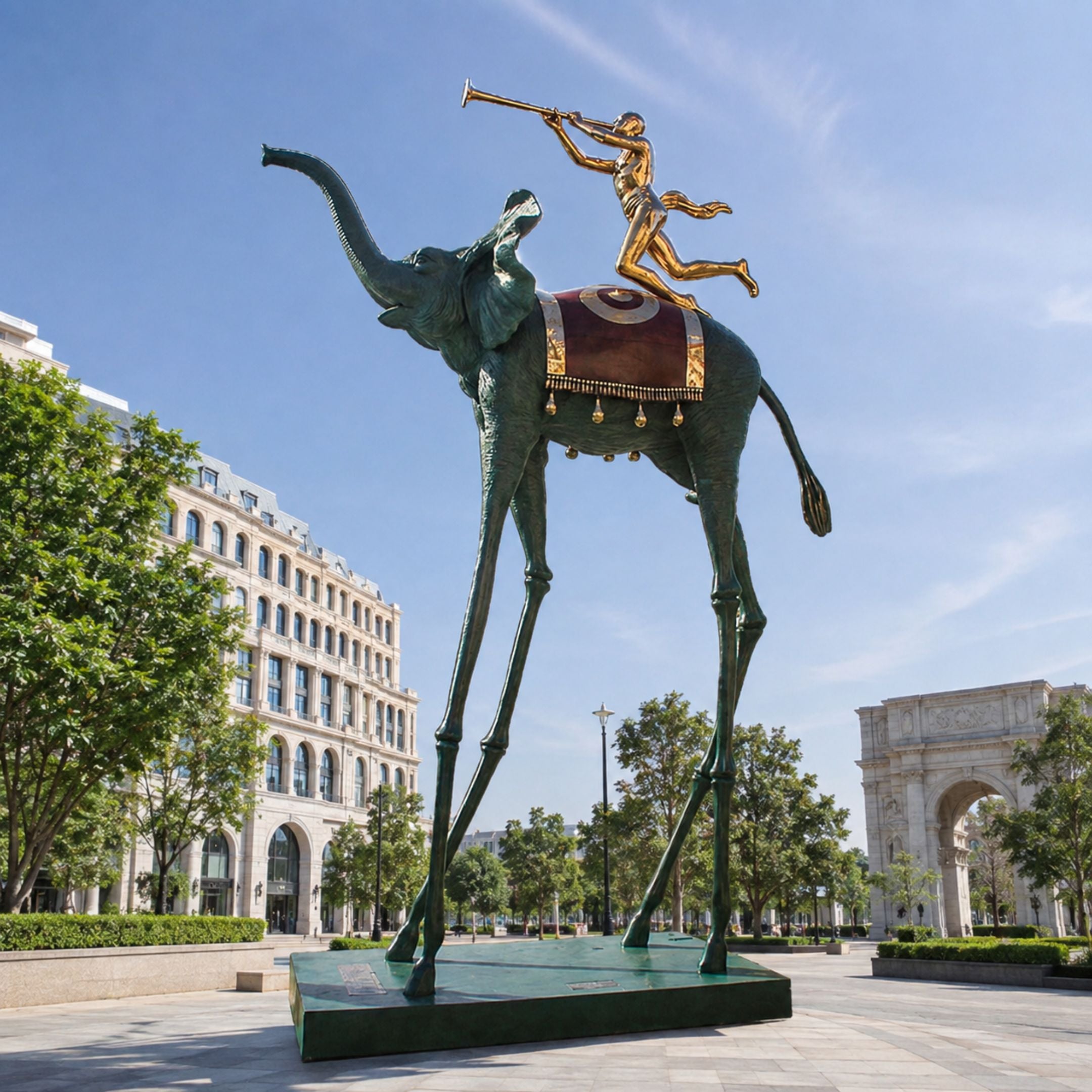 Monumental Contemporary Surrealist Elephant and Trumpeting Rider Bronze Sculpture, 600cm, with green-patina elephant on tall spindly legs and gilded trumpeter, installed on a plaza near a colonnaded building and arch.