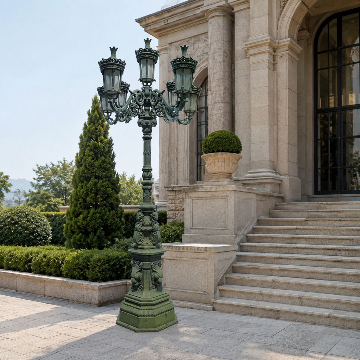 Traditional Ornate Six-Arm Street Lamp Post Bronze Sculpture, 300cm, in dark patina finish on a tiered hexagonal base outside a stone building entrance.