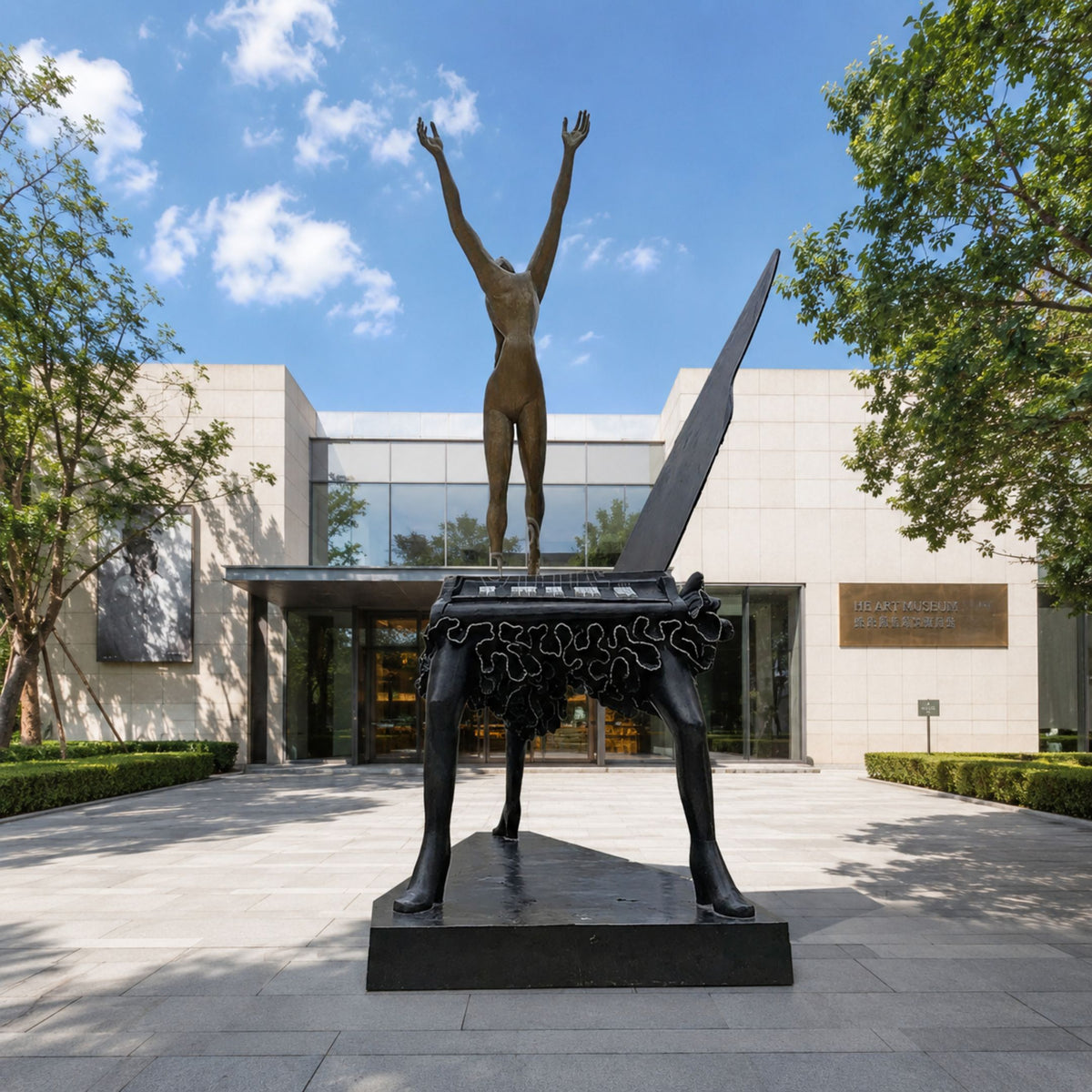 Monumental Contemporary Figure on Grand Piano Bronze Sculpture, 400cm, headless nude figure with raised arms atop a piano on tall legs, black bronze finish, outside a museum entrance.