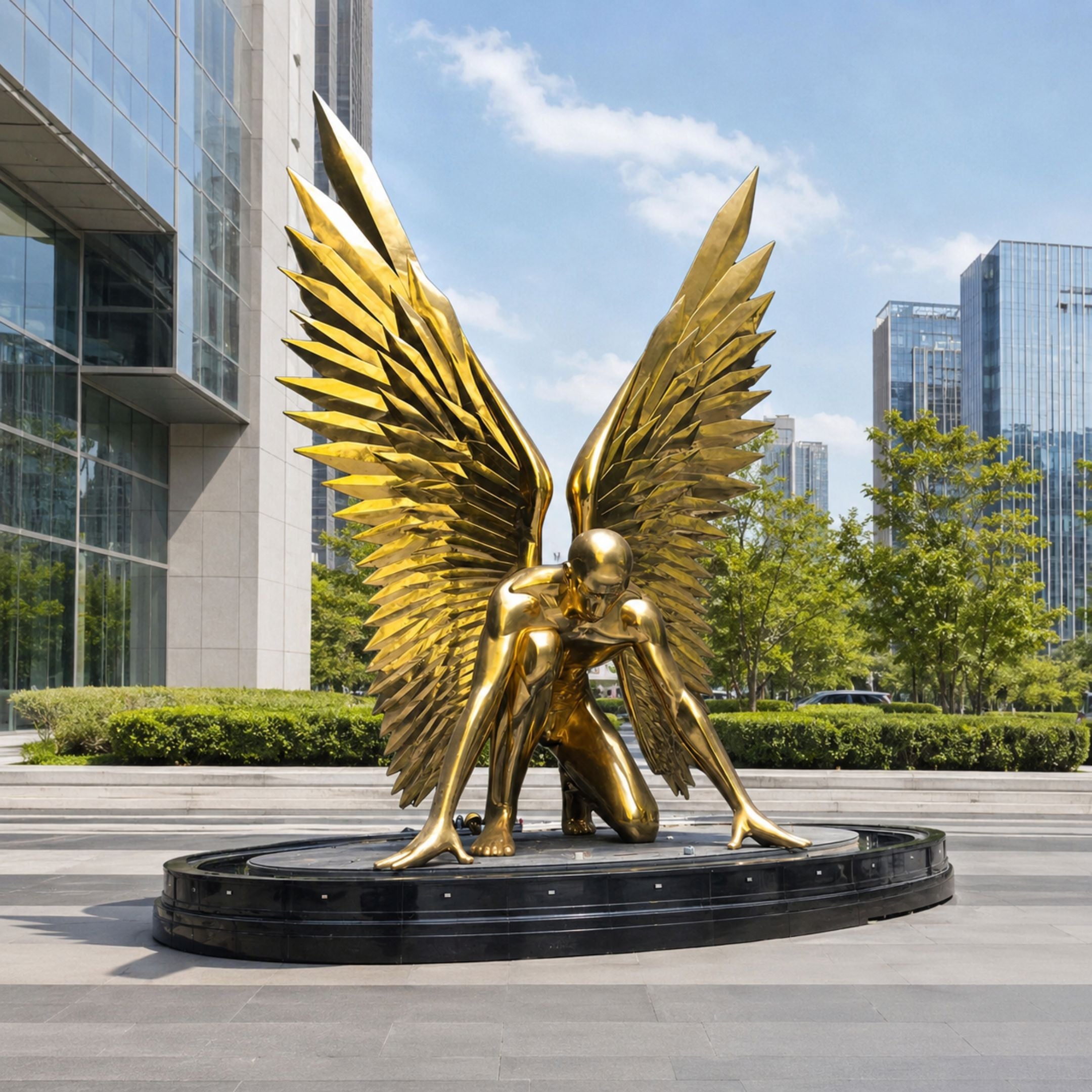 Monumental Contemporary Crouching Angel Bronze Sculpture, 300cm, gold-finished figure with large spread wings on a black platform outside a glass office building.