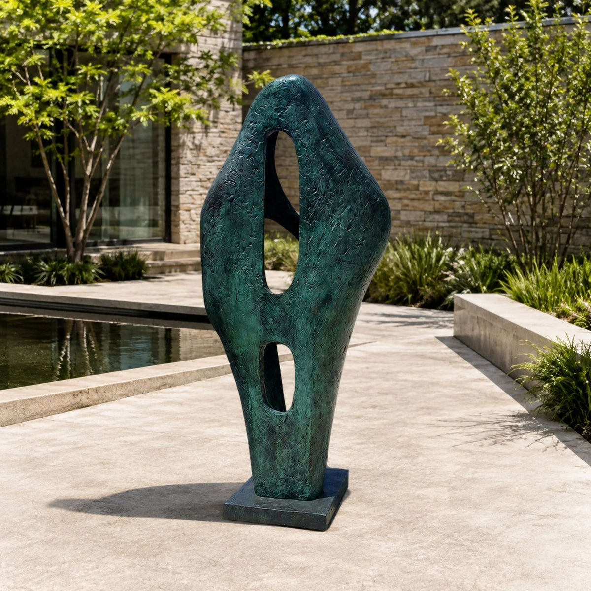 Large Modern Abstract Bronze Sculpture, 120cm, tall biomorphic bronze form with two oval cutouts on a square plinth, set on a patio near a reflecting pool.