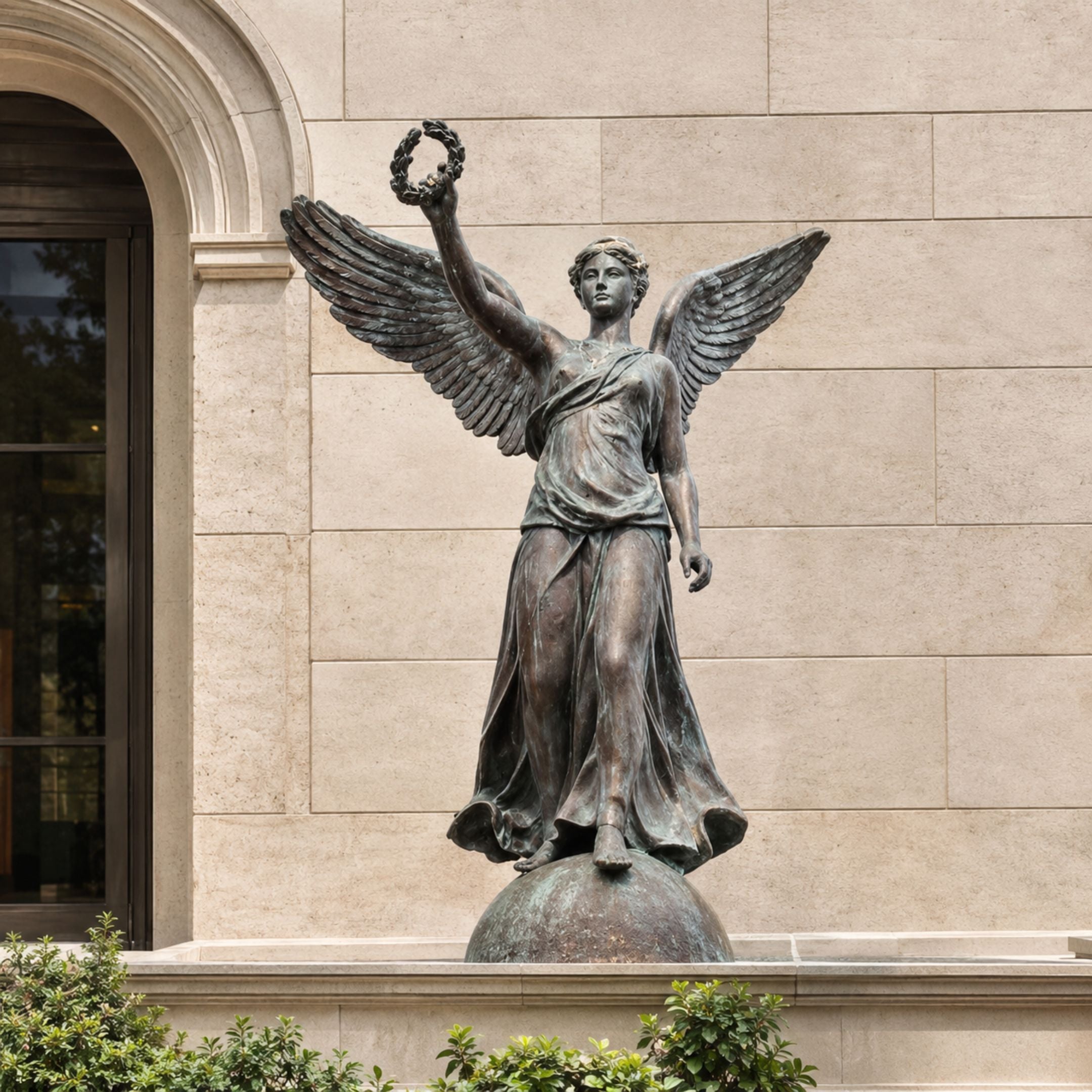Monumental Classical Winged Victory Angel Bronze Sculpture, 300cm, standing on a sphere with wings spread and a wreath raised, mounted against a stone building facade.