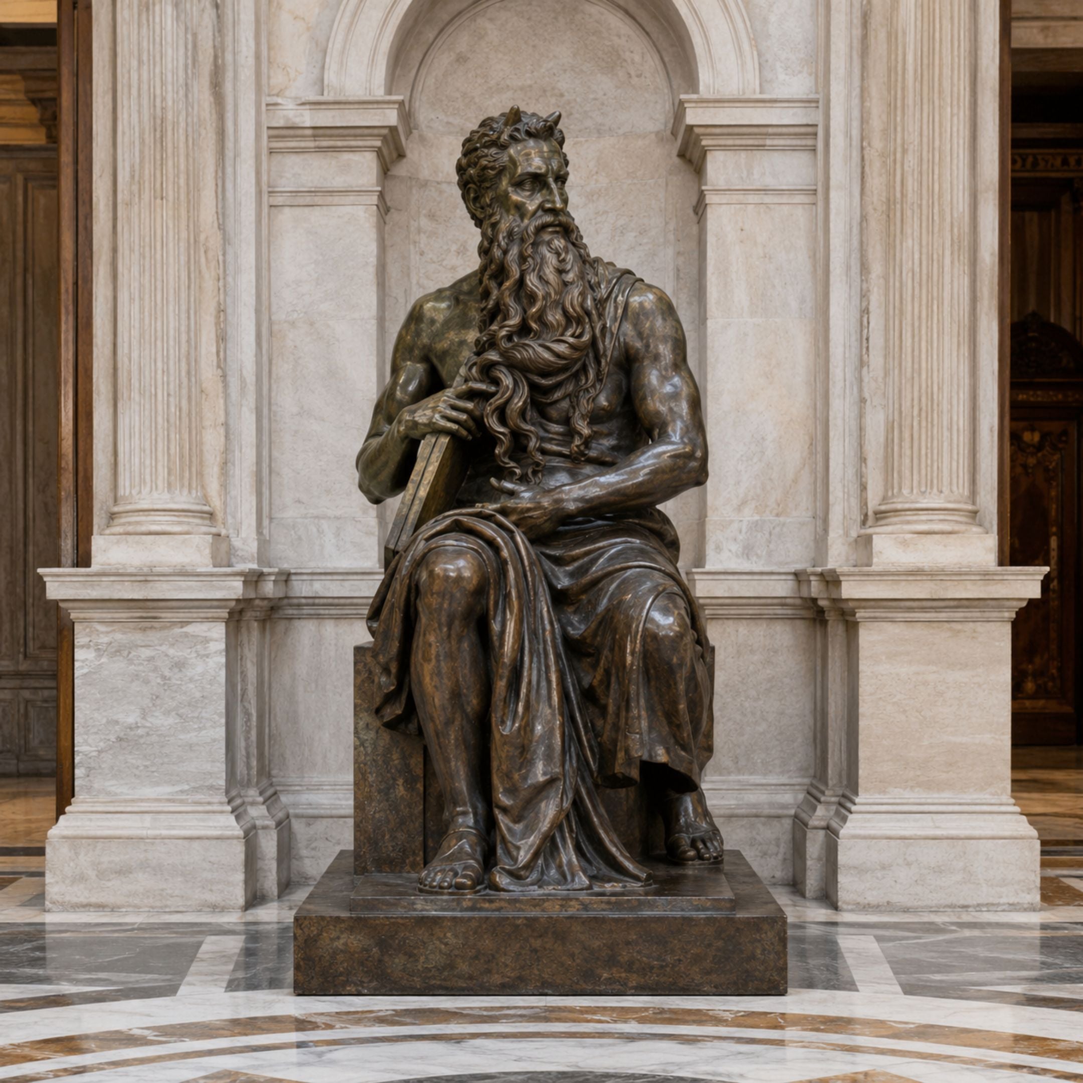 Life-Size Classical Seated Moses Bronze Statue, 220cm, by Giant Sculptures, seated bearded figure with tablet, displayed in a marble archway niche.