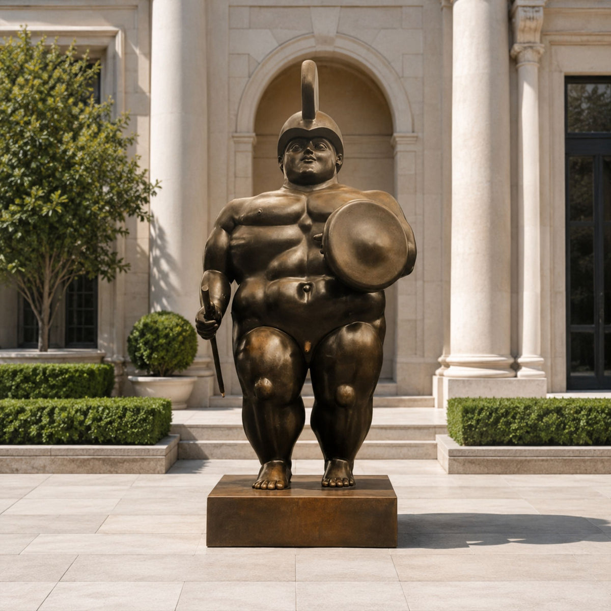 Monumental Contemporary Rotund Armoured Warrior Bronze Sculpture, 350cm, with crested helmet, round shield, and staff, on a bronze base outside a columned building.