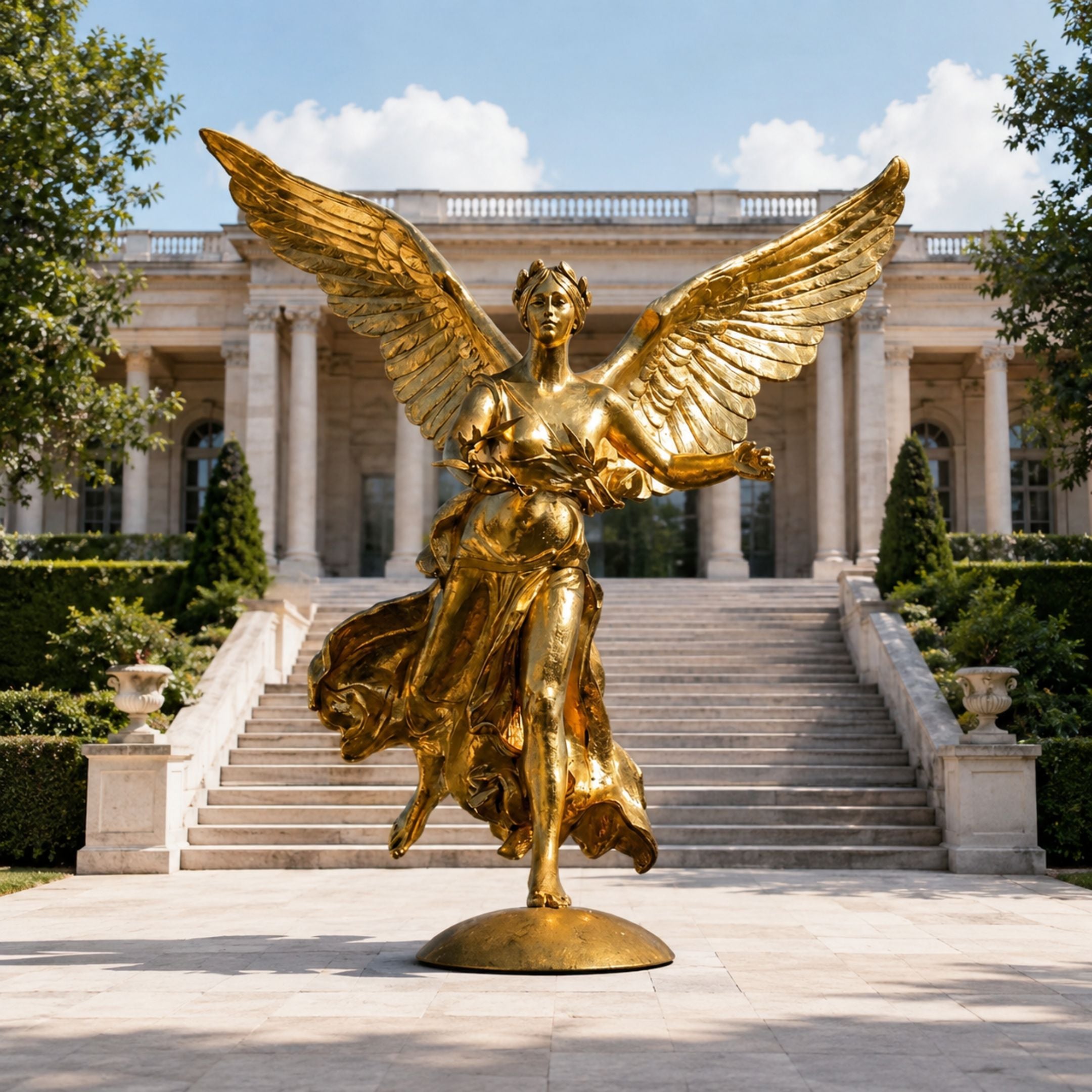 Monumental Classical Winged Angel Bronze Sculpture in gilded gold, 300cm, spread eagle-style wings and windswept robes, displayed on a round base before a colonnaded building.