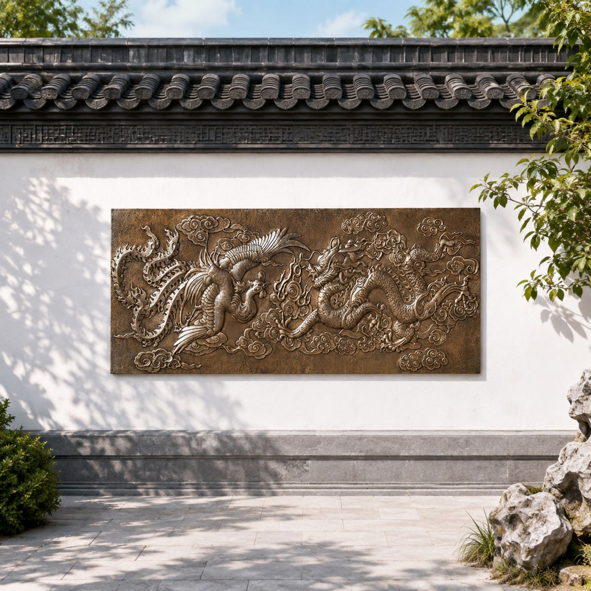 Traditional Dragon and Phoenix Bronze Relief, 80cm, mounted on a white courtyard wall beside a dark tiled roofline, coiling dragon and phoenix in golden-brown cast bronze.