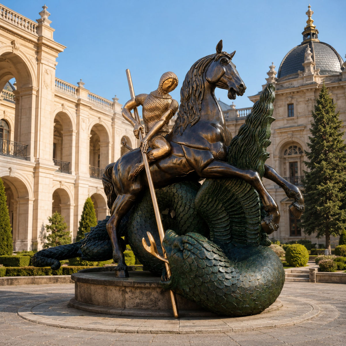 Monumental Classical Warrior on Rearing Horse and Dragon Bronze Sculpture, 320cm, gold-toned rider spearing a green dragon, displayed on a plaza platform before a palace facade.