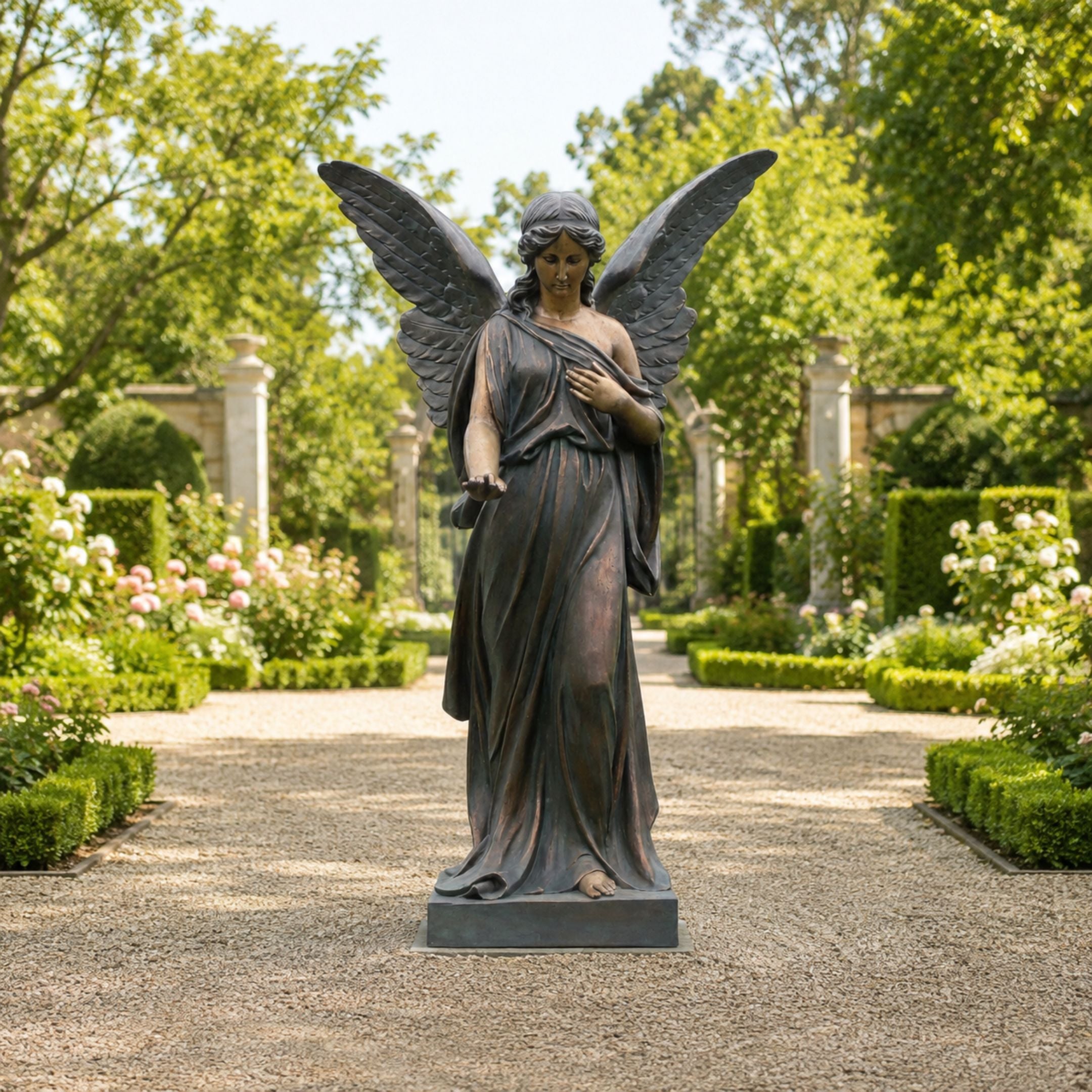 Life-Size Classical Standing Angel Bronze Sculpture, 200cm, with wings spread and hands crossed at chest, displayed on a garden path lined with hedges and roses.