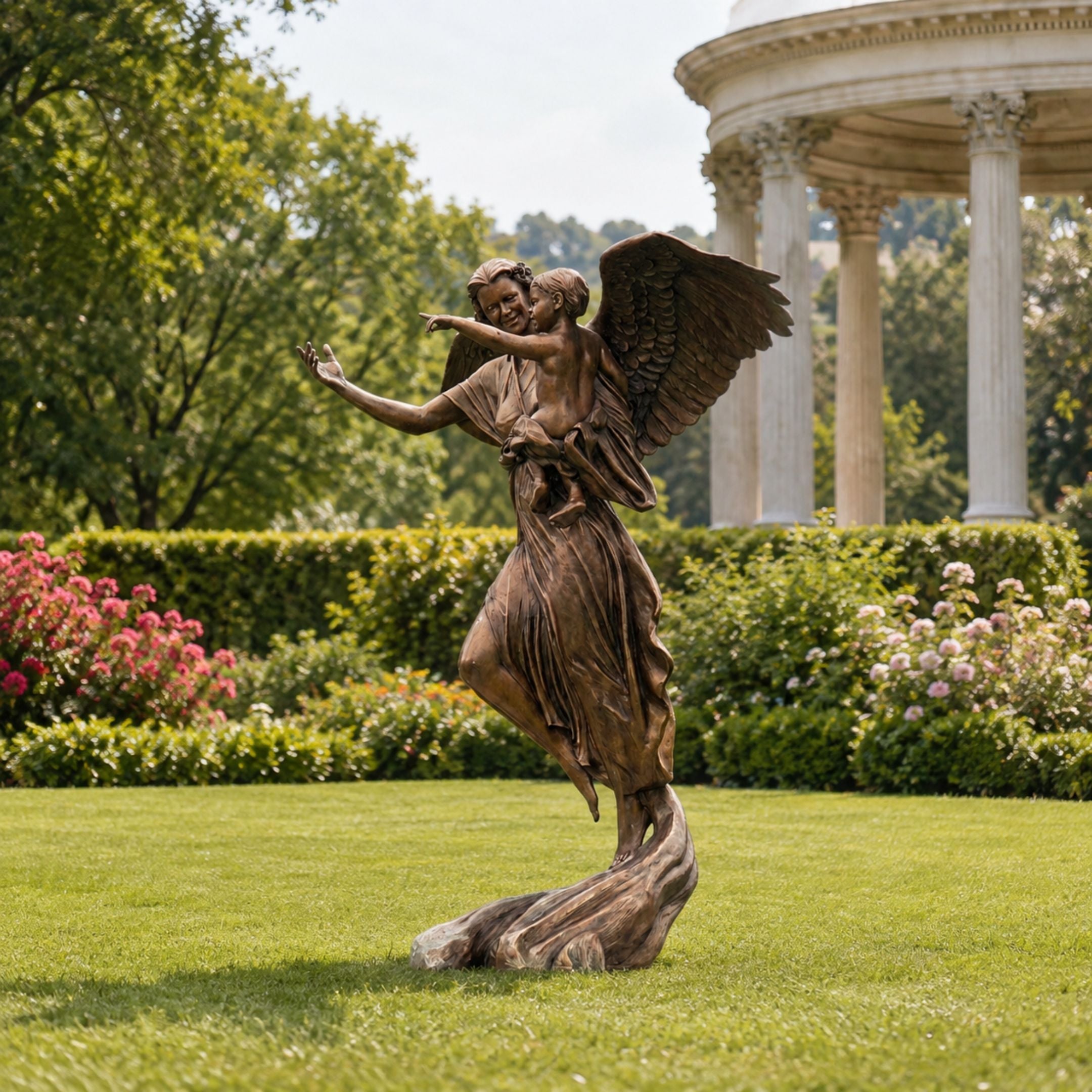 Life-Size Classical Winged Angel Bronze Sculpture, 200cm, depicting an angel carrying a child with outstretched wings, displayed on a lawn near a garden pavilion.