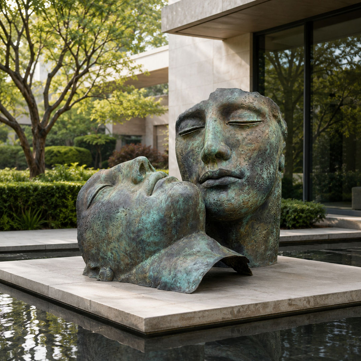 Monumental Contemporary Two Faces Bronze Sculpture, 180cm, two abstracted heads with green-brown patina leaning together on a stone plinth beside a reflecting pool.