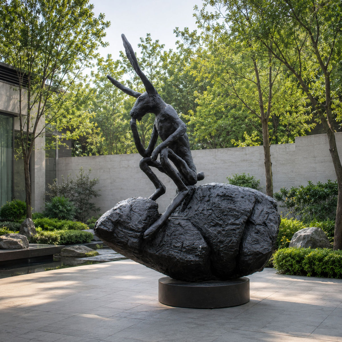 Monumental Contemporary Contemplative Hare Bronze Sculpture, 340cm, black bronze hare seated on a textured boulder in a courtyard garden setting.