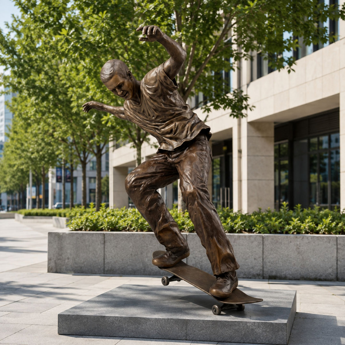 Life-Size Skateboarding Figure Bronze Sculpture, 250cm, showing a bronze male figure mid-ride with arms outstretched, displayed on a stone plinth outdoors near trees and a building.
