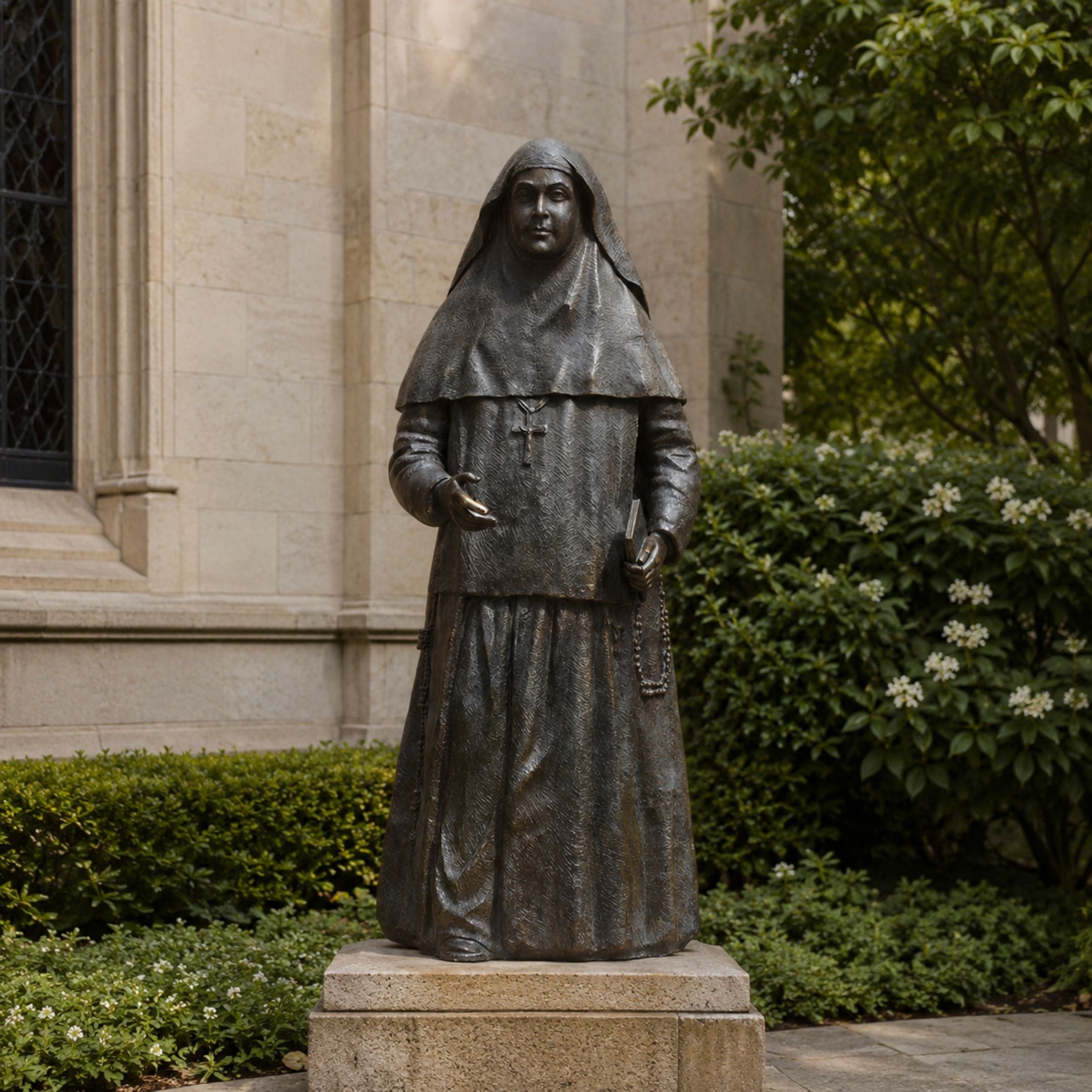 Life-Size Traditional Standing Nun Bronze Statue, 250cm, dark patina figure in habit and veil holding a book and rosary, on a stone base outdoors near greenery.