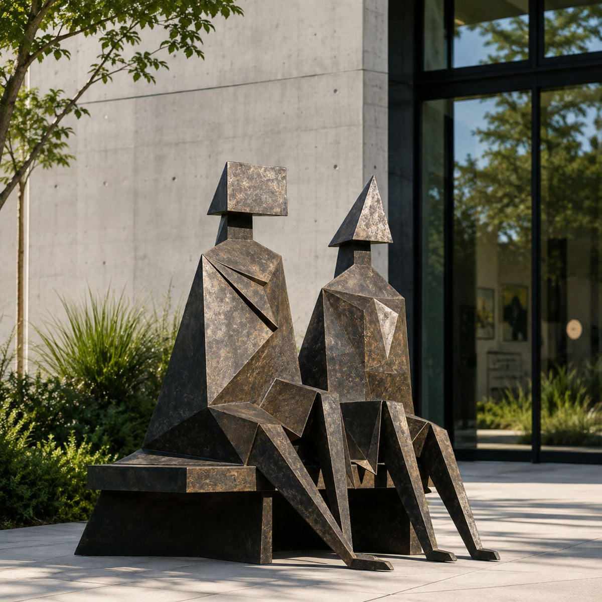 Large Modern Geometric Seated Figures Bronze Sculpture, 250cm, faceted bronze figures with block and pyramid heads seated on a bench outside a glass and concrete building.