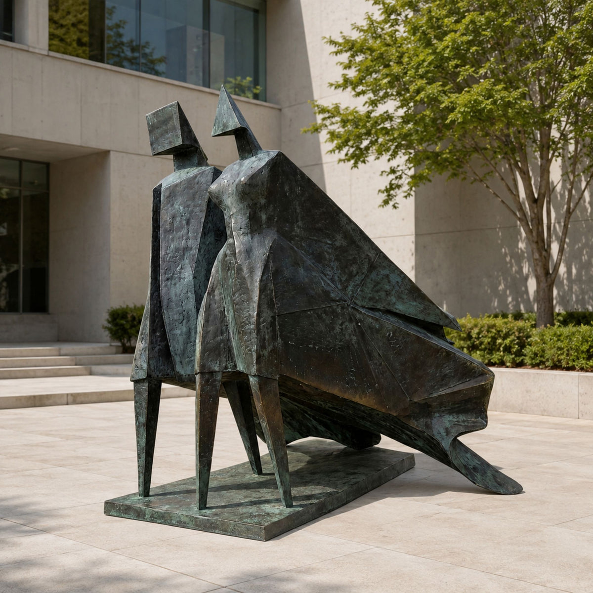 Monumental Modern Abstract Geometric Figures Bronze Sculpture, 280cm, two angular draped figures on a rectangular base outside a stone building.
