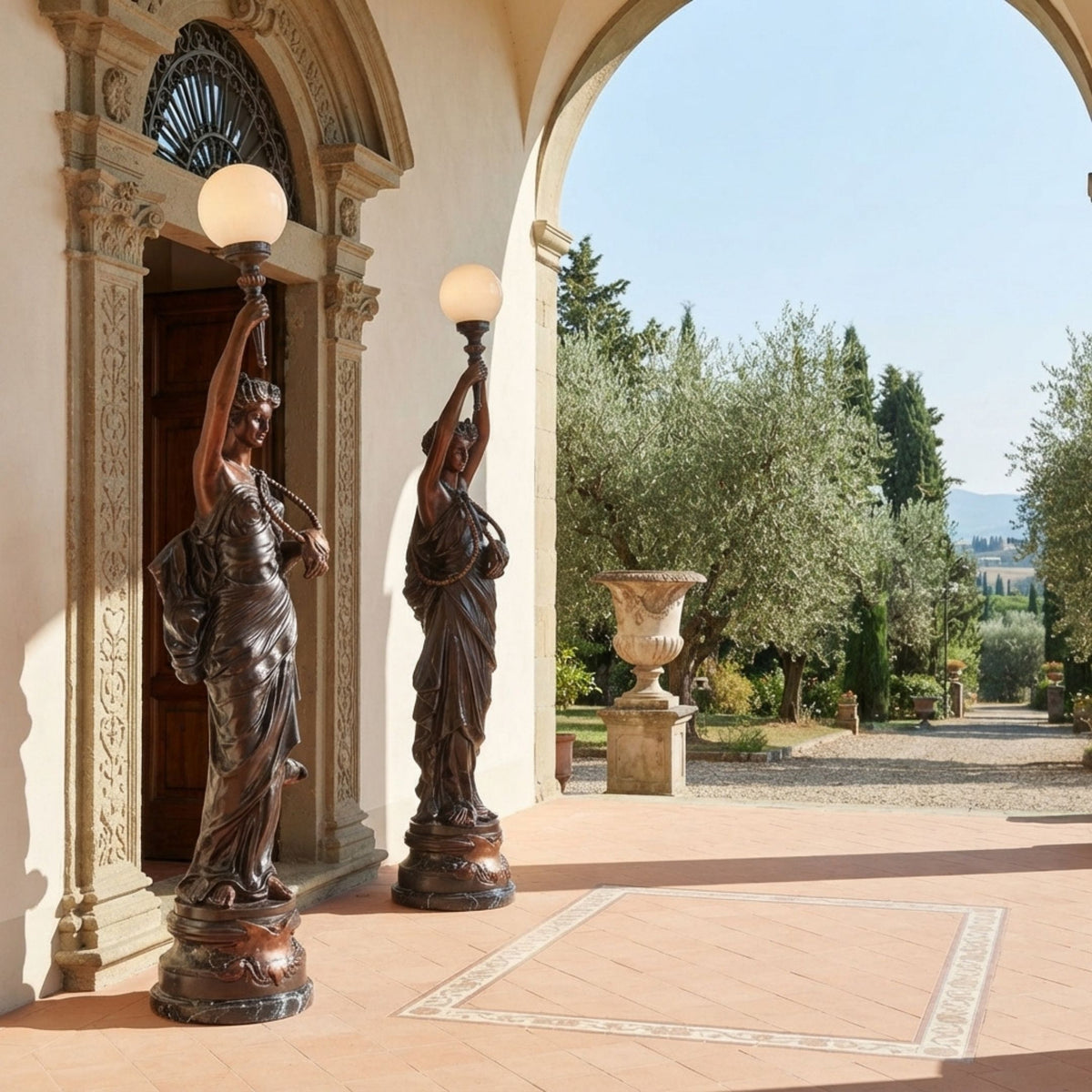 Monumental Classical Goddess Torchiere Bronze Sculpture, 240cm, pair of draped bronze figures holding globe lamps, flanking an entrance archway.