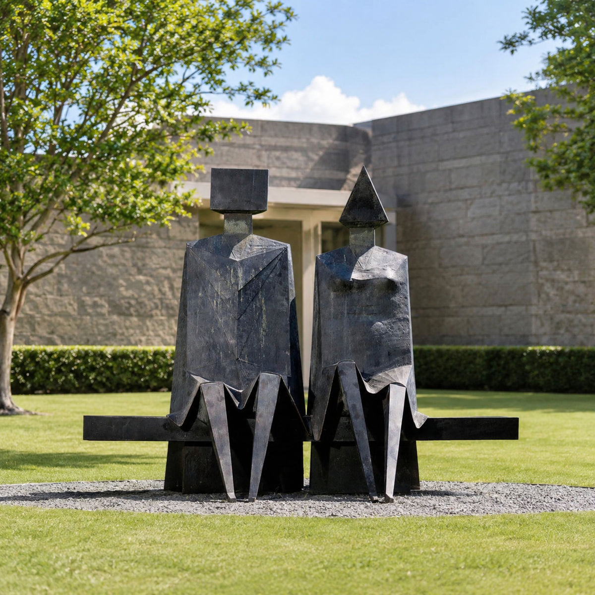 Monumental Modern Geometric Seated Figures Bronze Sculpture, 220cm, two faceted black figures with square and pyramidal heads on a shared base, set on a lawn before a stone building.