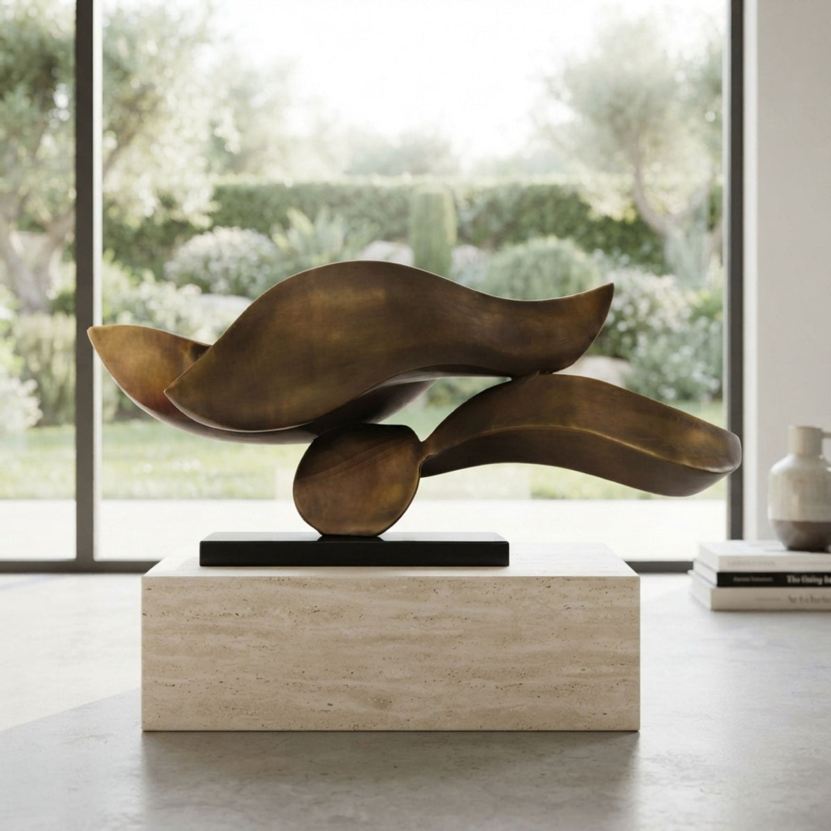 Bronze Abstract Organic Wave Sculpture Brass, 91cm, on a black base atop a travertine plinth in a bright room overlooking a garden.