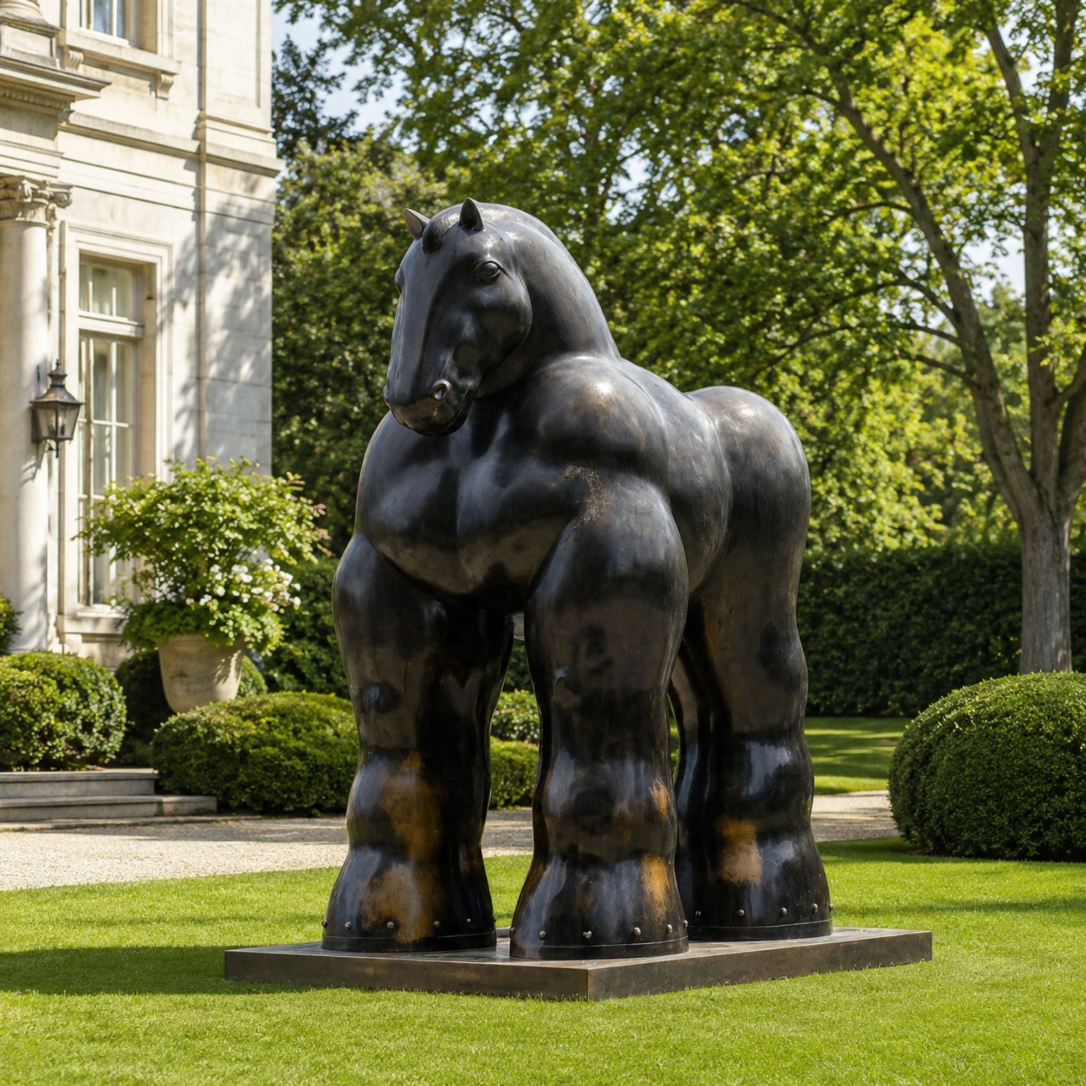 Monumental Contemporary Rotund Horse Bronze Sculpture, 300cm, on a plinth in a landscaped garden beside a stone building, dark bronze finish with rounded, oversized form.
