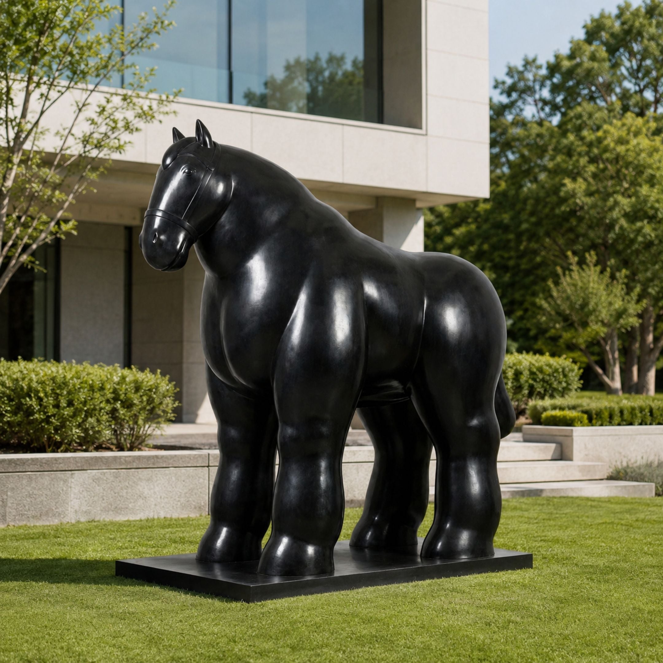 Monumental Contemporary Voluminous Standing Horse Bronze Sculpture in black on a rectangular plinth, displayed on a lawn near a modern building.