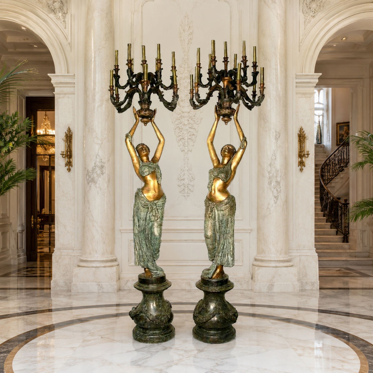 Pair of Large Classical Draped Goddess Candelabra Bronze Sculptures, 220cm, gold and green patina figures raising nine-arm candelabra in a marble entry hall.