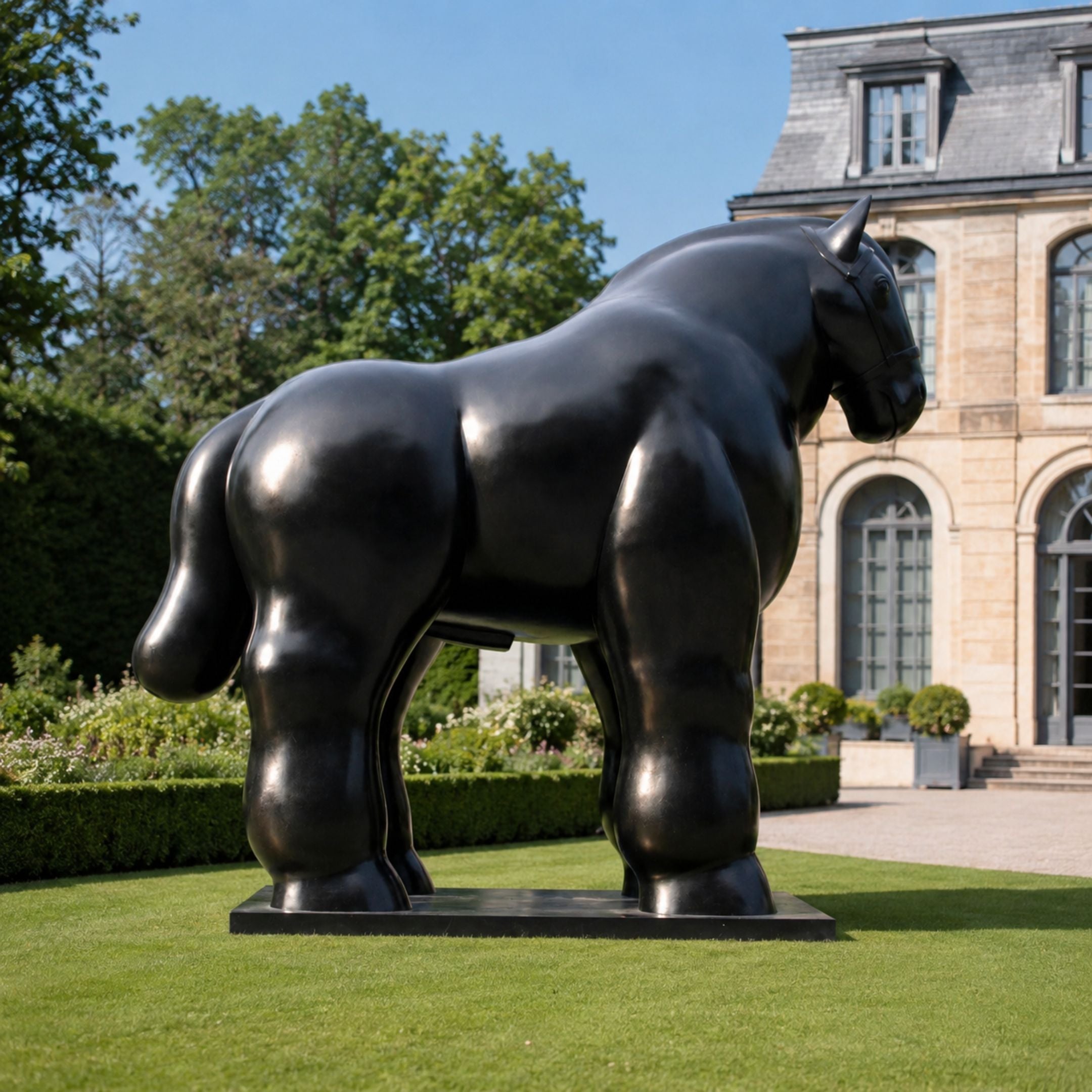 Monumental Voluminous Standing Horse Bronze Sculpture (350cm) in black-brown patina on a rectangular base, set on a lawn beside a stone mansion.