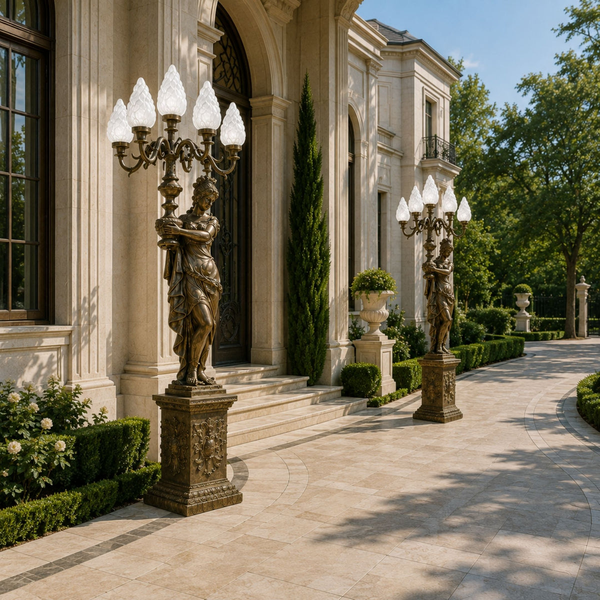 Large Classical Candelabra Figure Bronze Sculpture, 210cm, draped female figures on ornate pedestals holding five-arm candelabras, flanking a mansion entrance.
