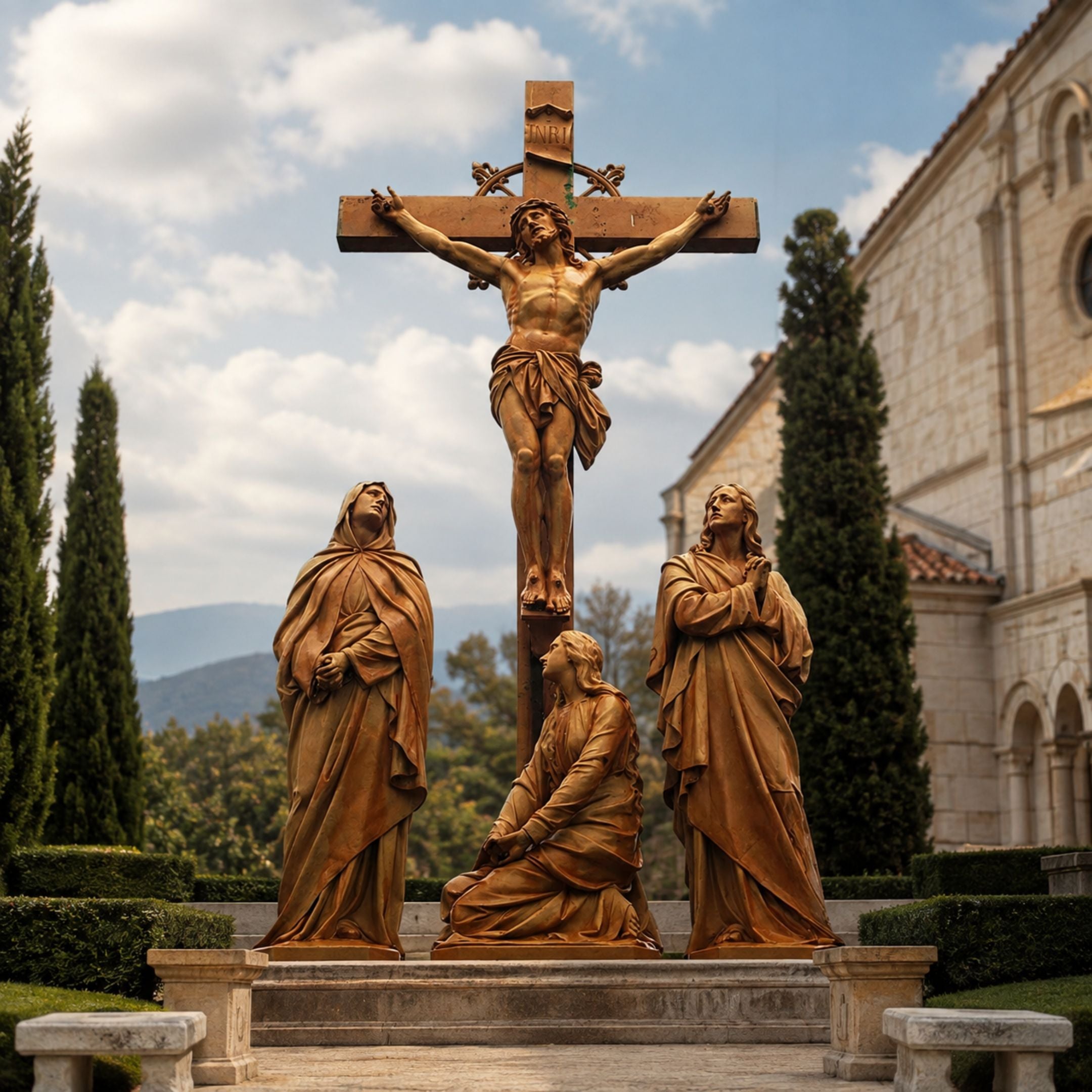 Monumental Classical Crucifixion Group Bronze Sculpture, 600cm, showing Christ on a cross with three robed mourning figures, set outdoors near stone buildings and trees.