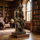 Classical Seated Male Figure Bronze Sculpture, 120cm, seated scholar in Elizabethan dress holding a quill over an open book, displayed on a wood base in a library setting.